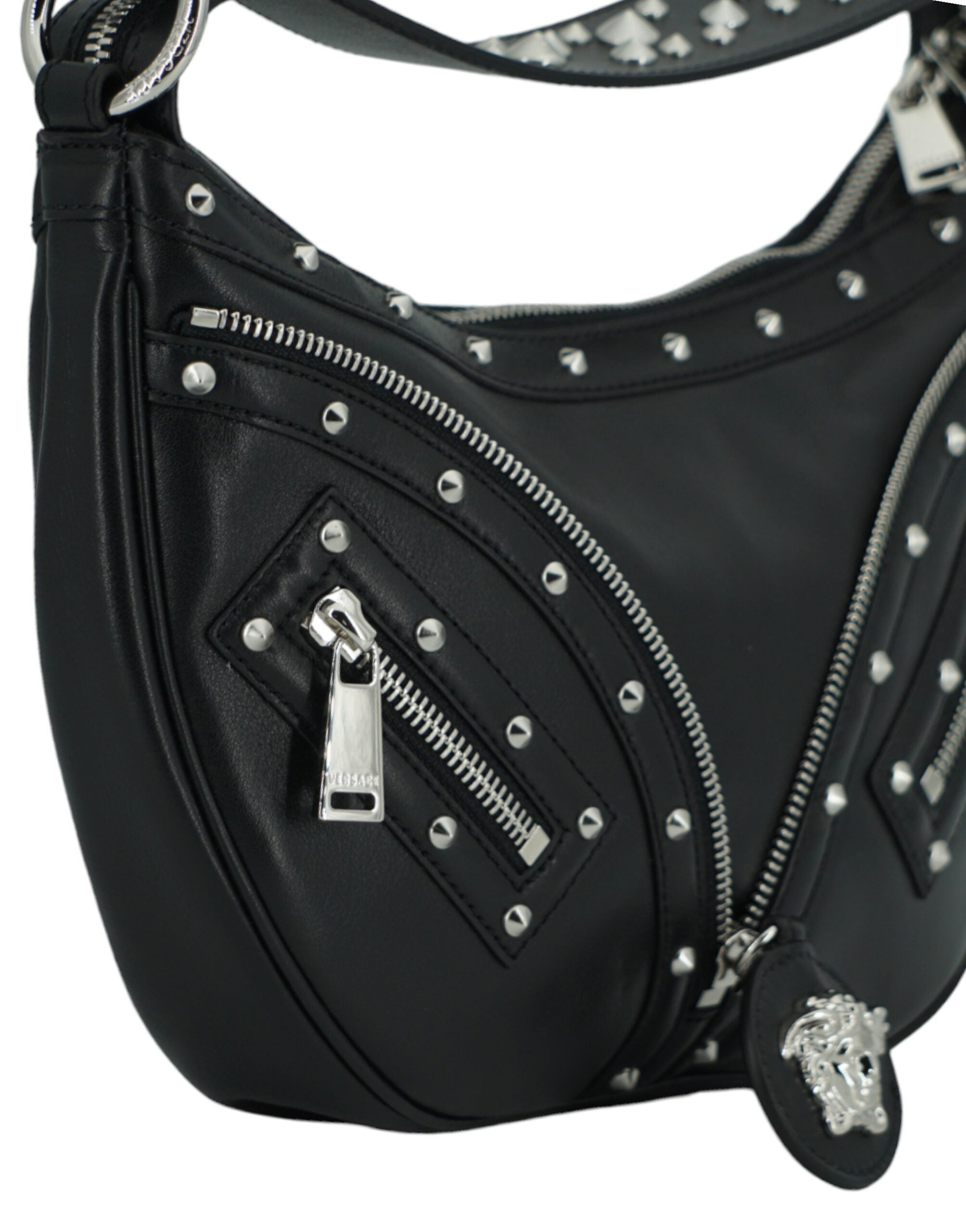 Elegante bolso de hombro tipo hobo de piel negra de Versace