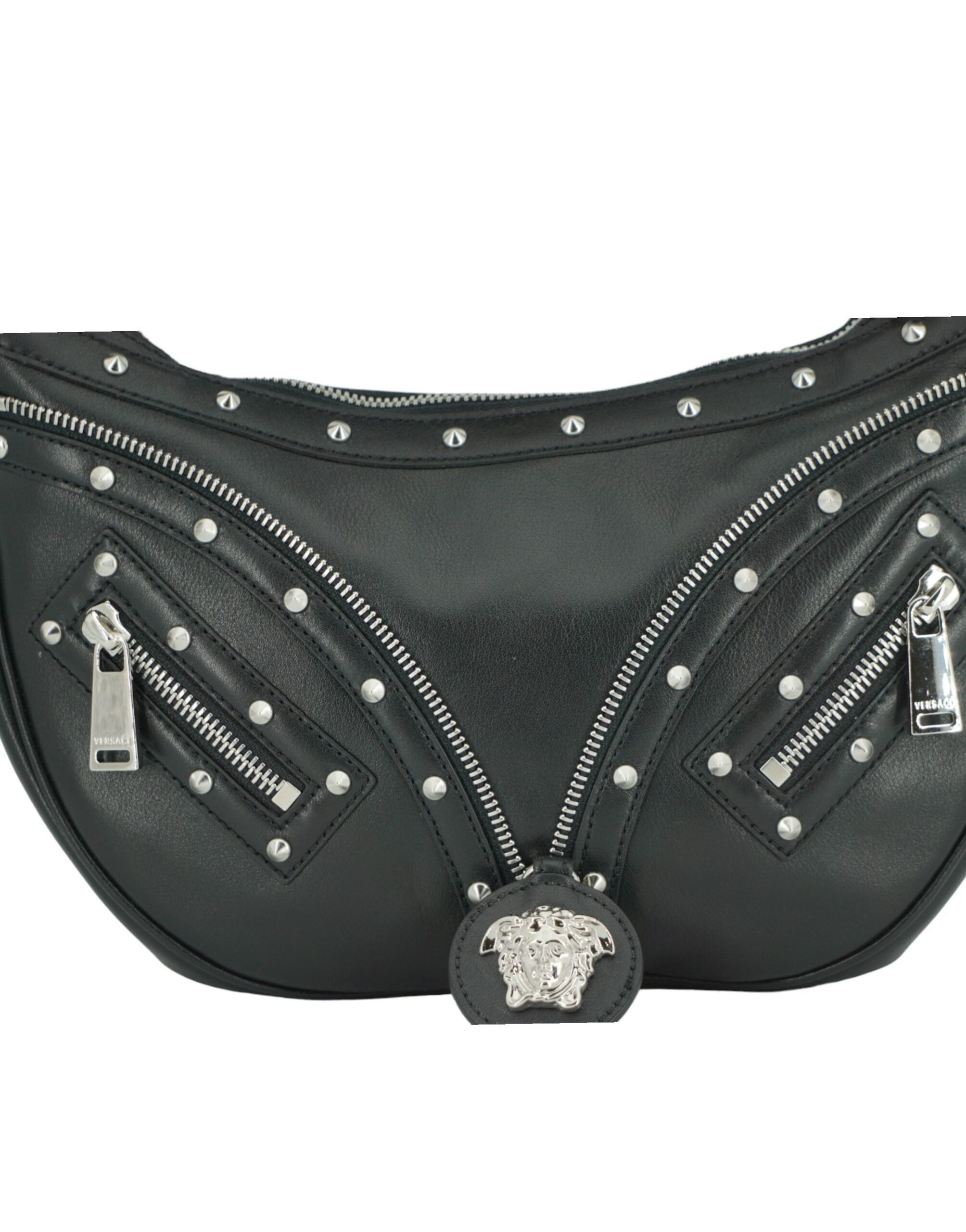 Elegante bolso de hombro tipo hobo de piel negra de Versace