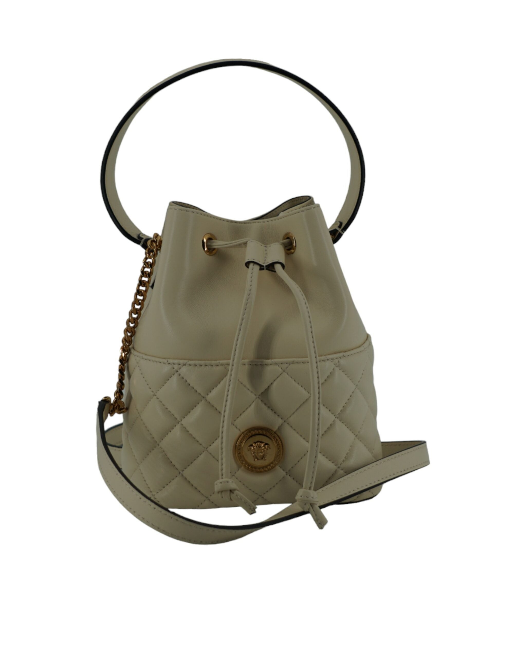Bolso de hombro tipo cubo pequeño y elegante de piel blanca de Versace