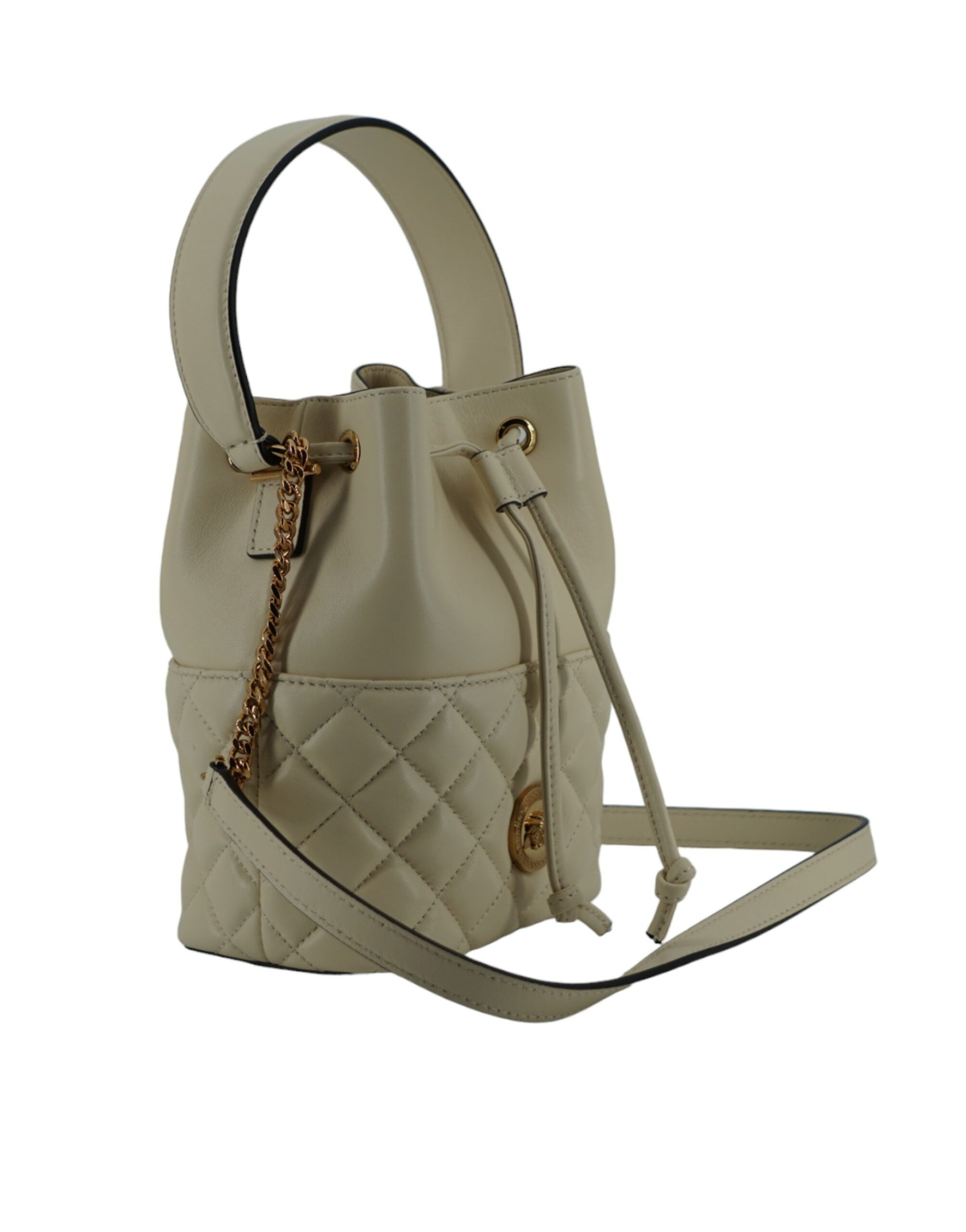 Bolso de hombro tipo cubo pequeño y elegante de piel blanca de Versace