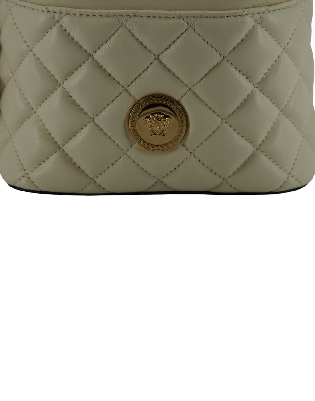 Bolso de hombro tipo cubo pequeño y elegante de piel blanca de Versace