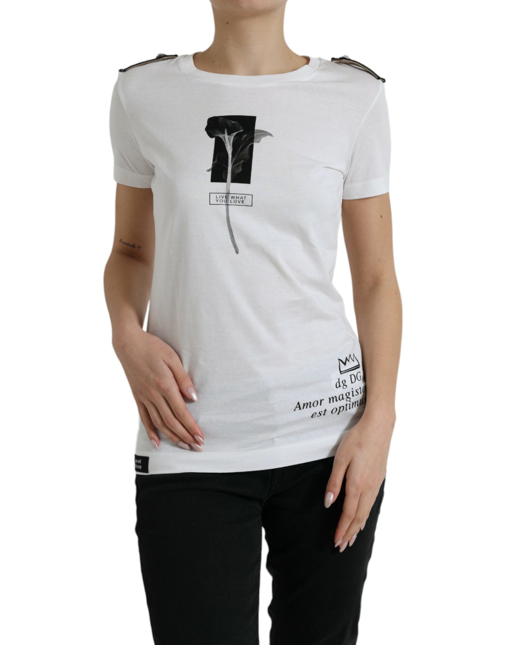 Camiseta de algodón con cuello redondo y rosas blancas y negras de Dolce &amp; Gabbana