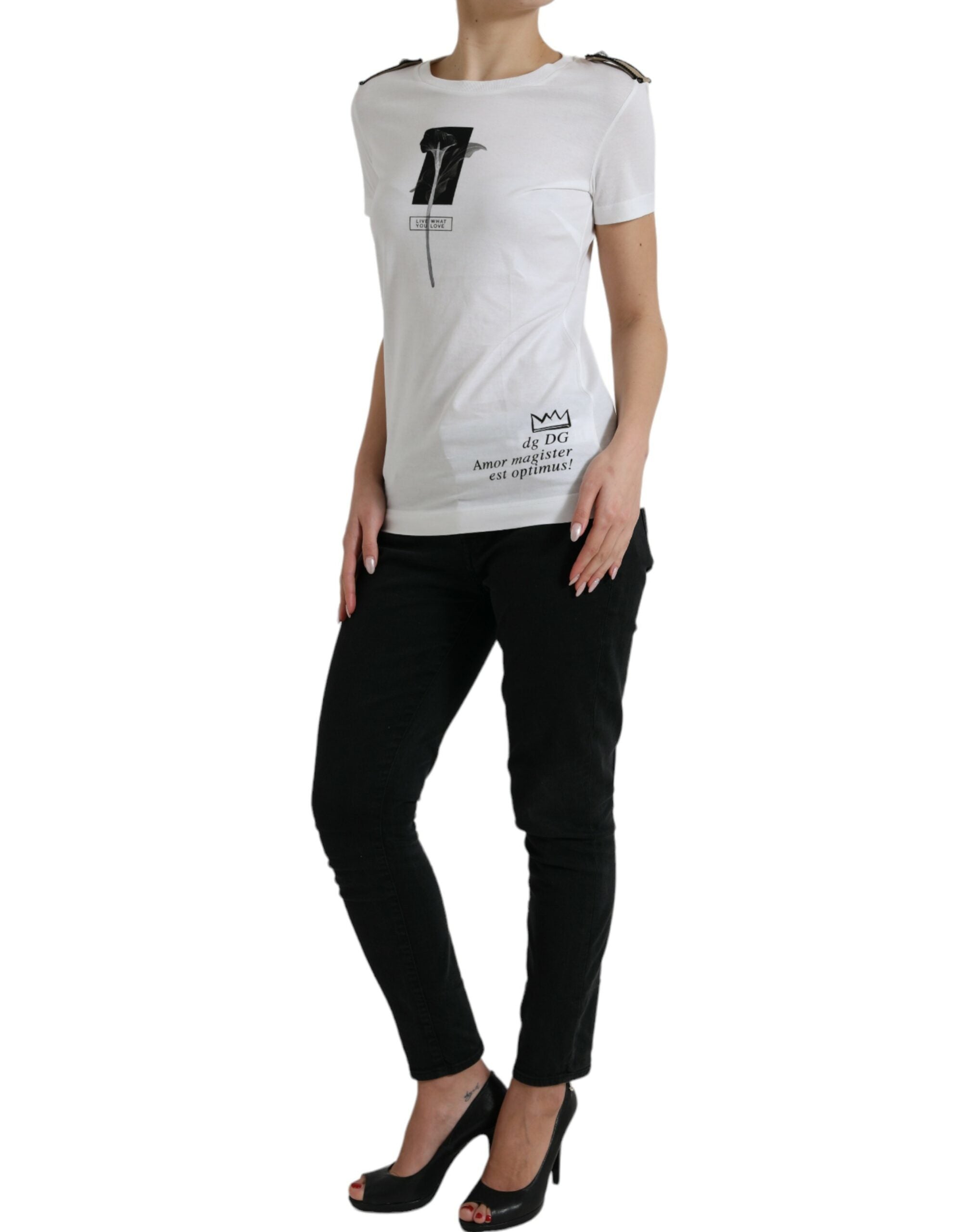 Camiseta de algodón con cuello redondo y rosas blancas y negras de Dolce &amp; Gabbana