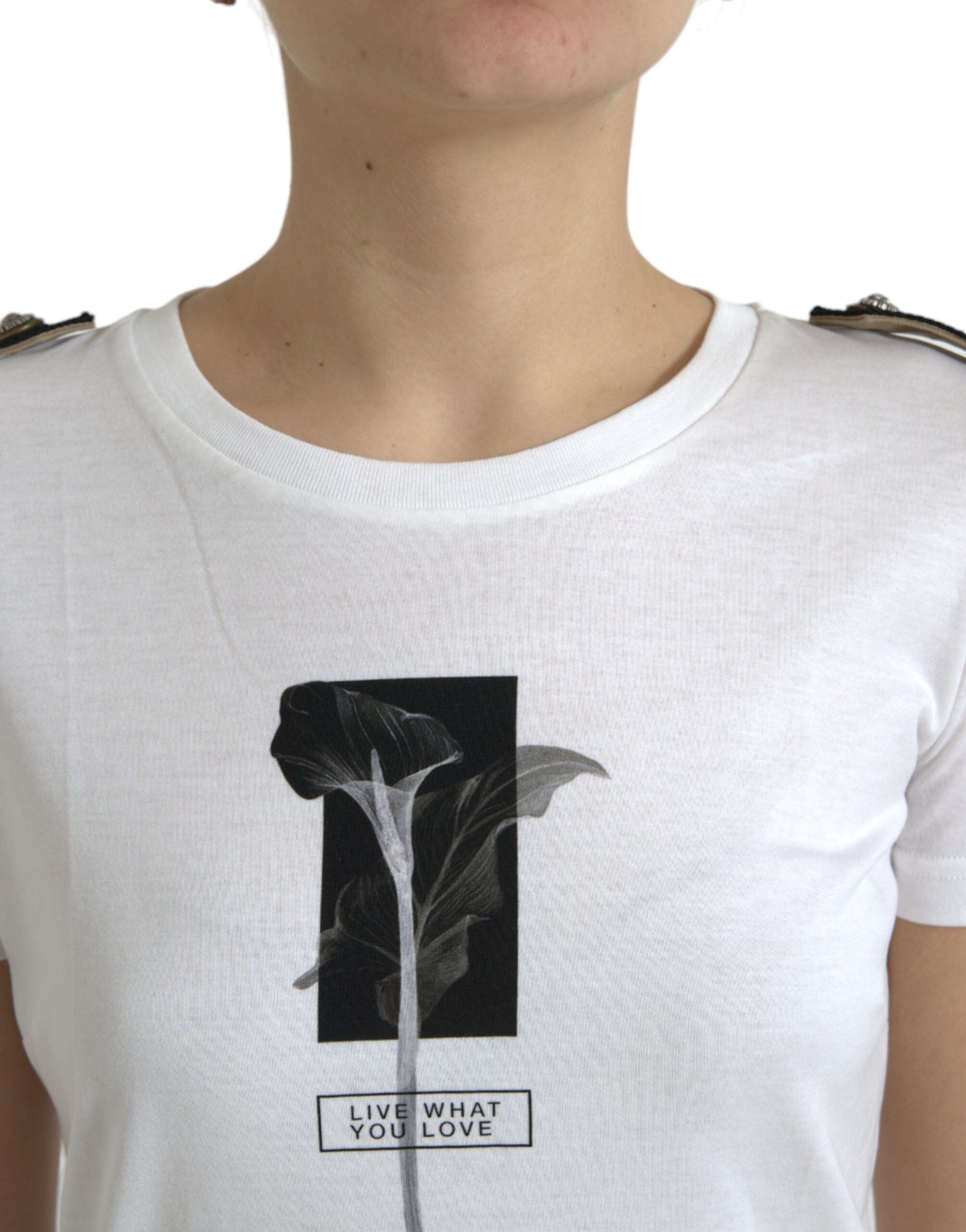Camiseta de algodón con cuello redondo y rosas blancas y negras de Dolce &amp; Gabbana