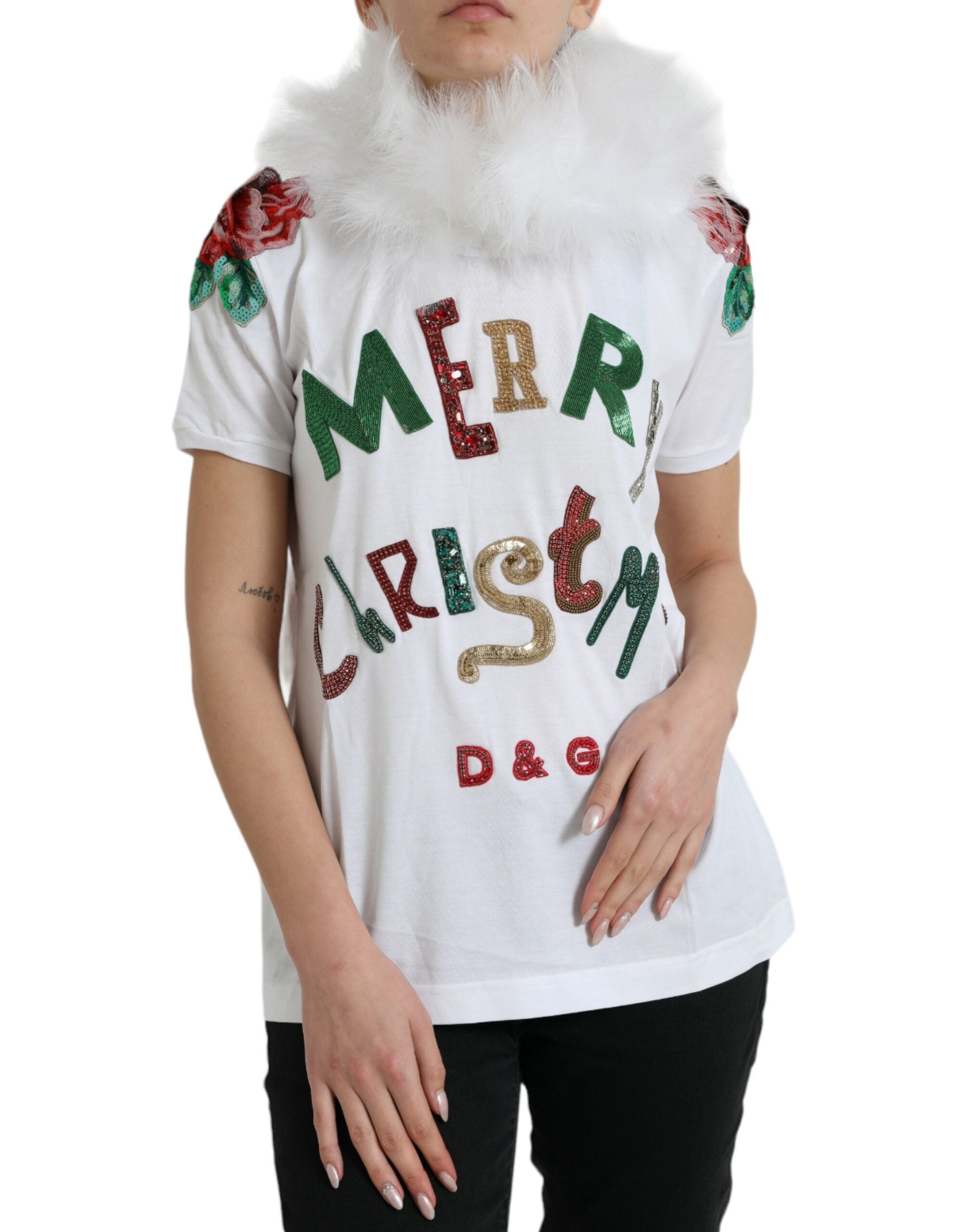 Camiseta navideña de algodón blanco con lentejuelas y pelo de Dolce &amp; Gabbana