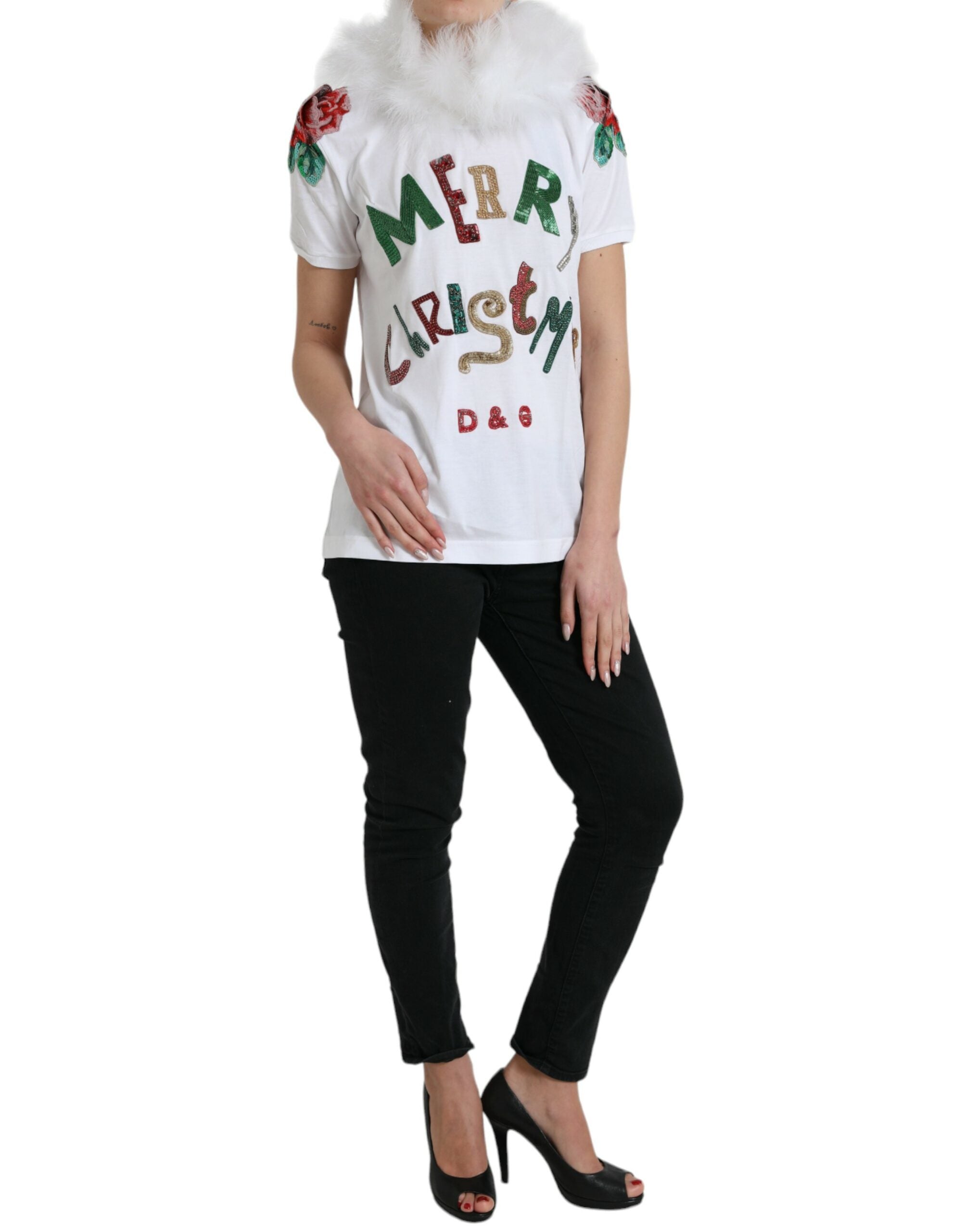 Camiseta navideña de algodón blanco con lentejuelas y pelo de Dolce &amp; Gabbana