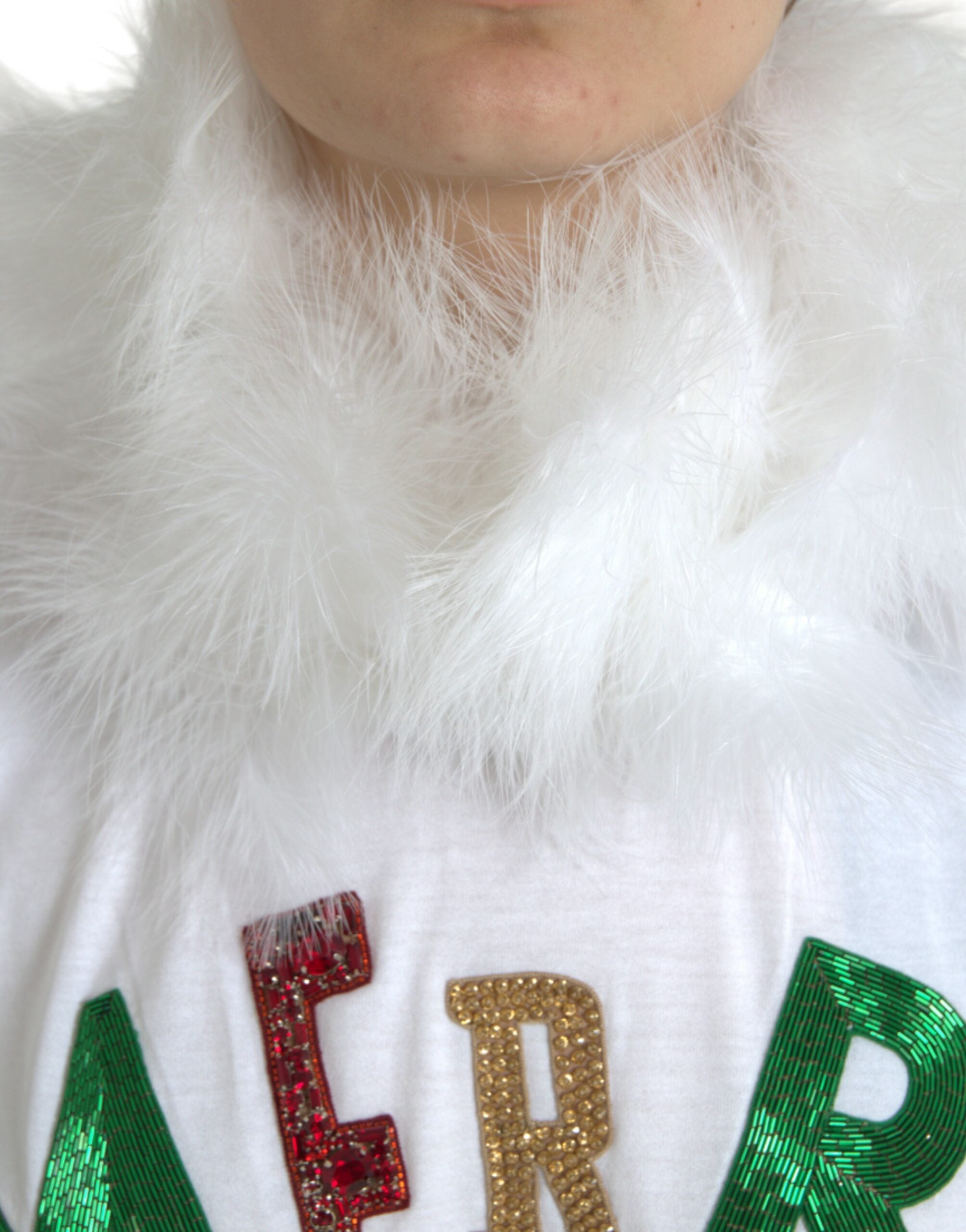 Camiseta navideña de algodón blanco con lentejuelas y pelo de Dolce &amp; Gabbana
