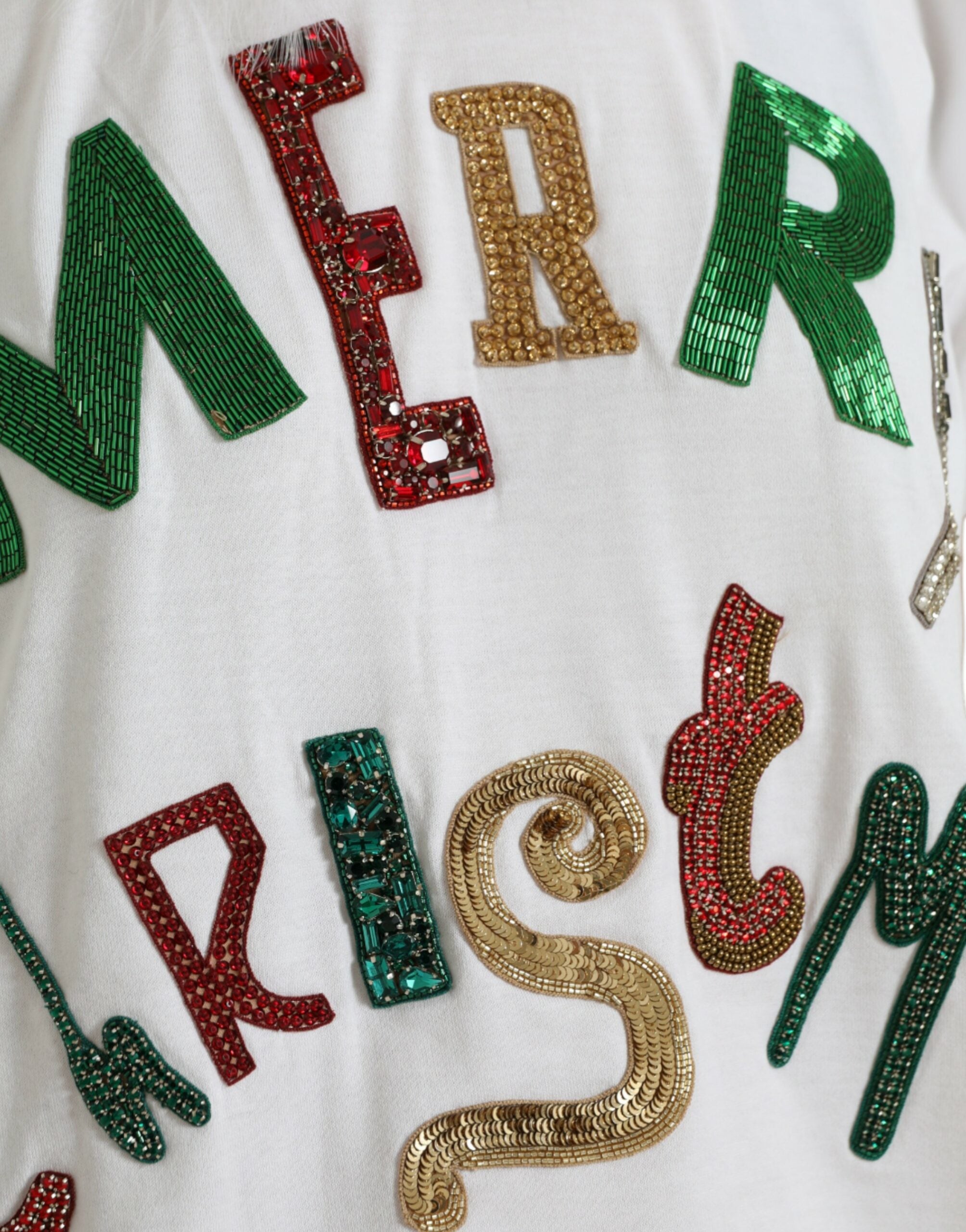 Camiseta navideña de algodón blanco con lentejuelas y pelo de Dolce &amp; Gabbana