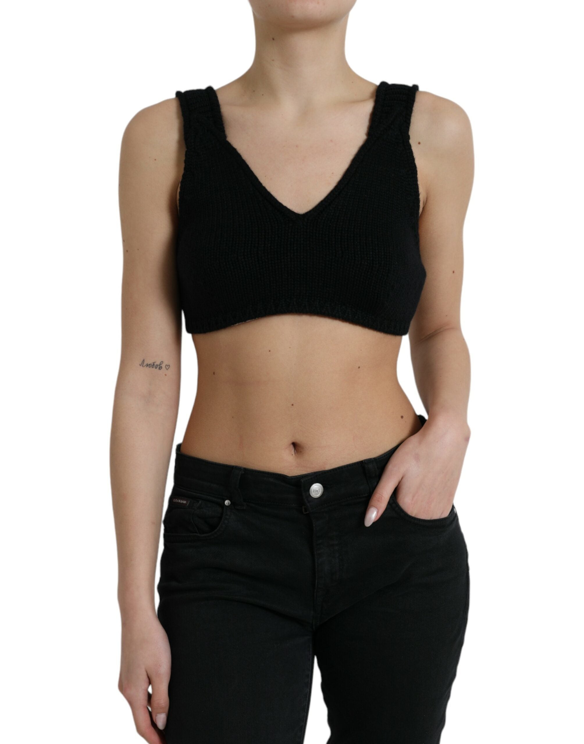 Top bustier corto de cachemir negro con cuello en V de Dolce &amp; Gabbana