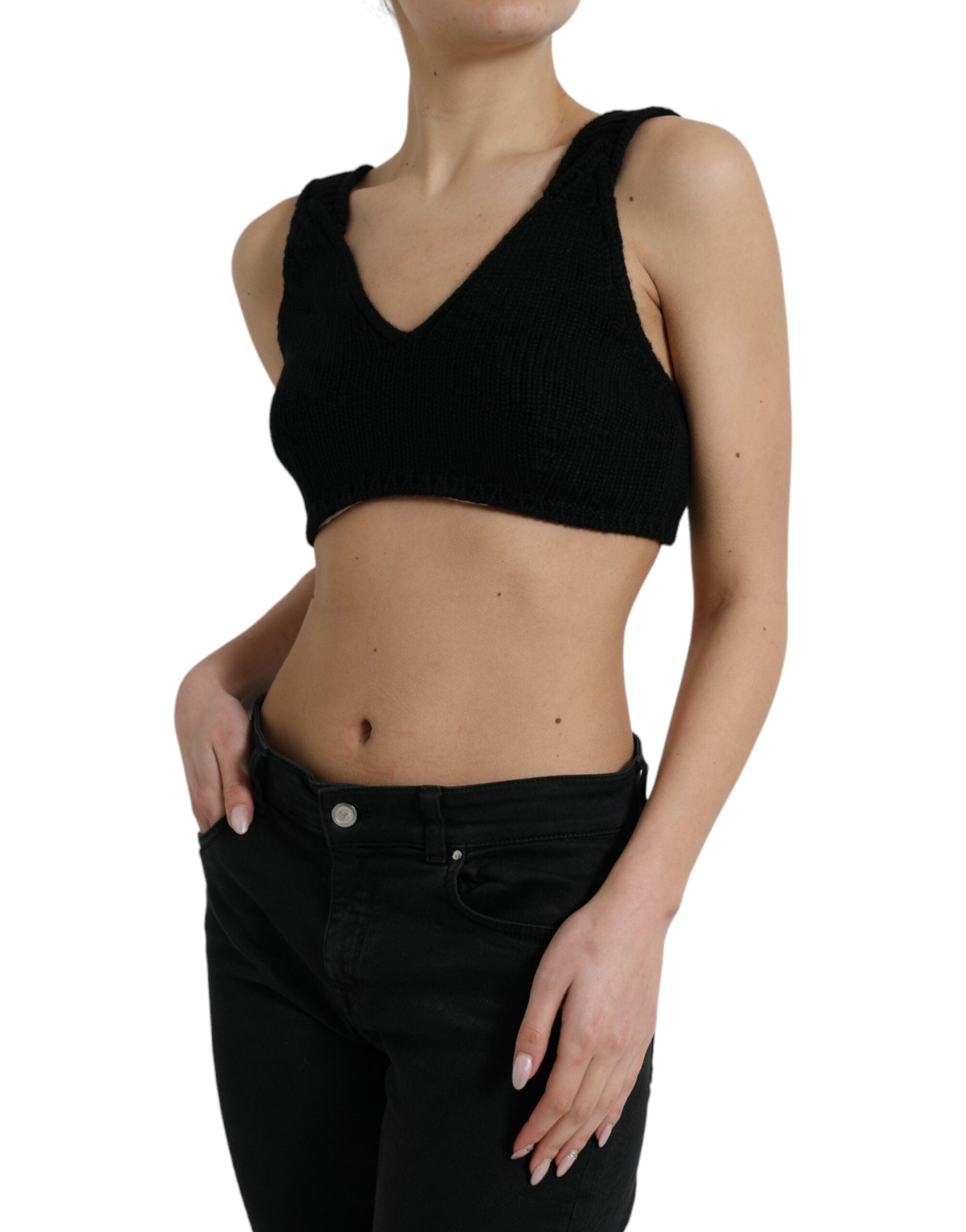 Top bustier corto de cachemir negro con cuello en V de Dolce &amp; Gabbana