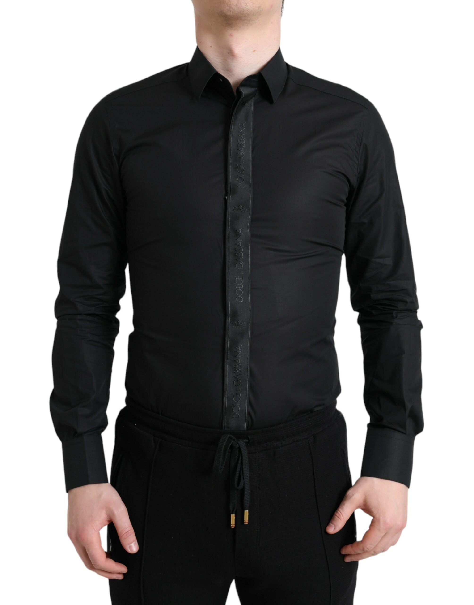 Camisa de vestir formal Dolce &amp; Gabbana de algodón negro con logotipo dorado