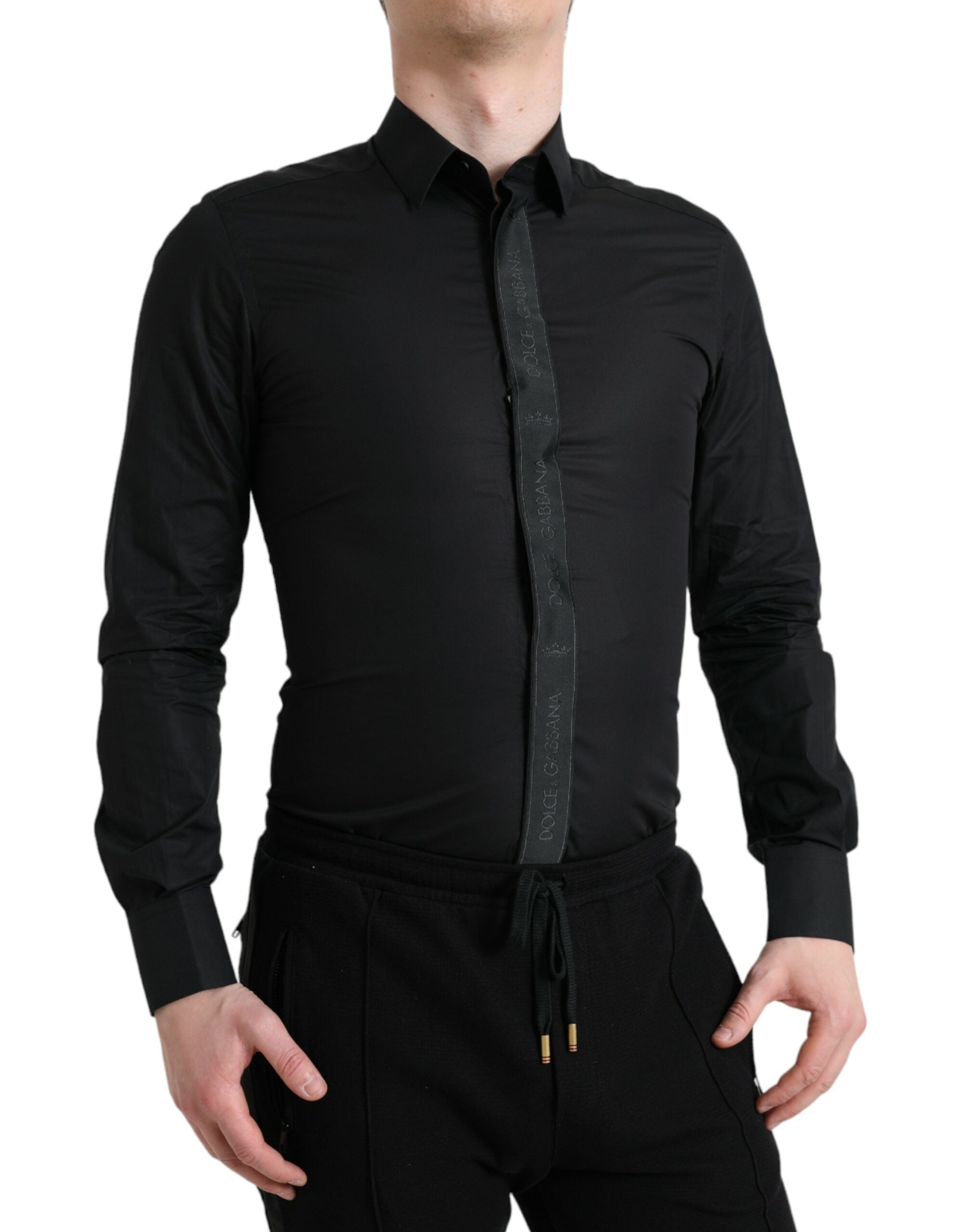 Camisa de vestir formal Dolce &amp; Gabbana de algodón negro con logotipo dorado