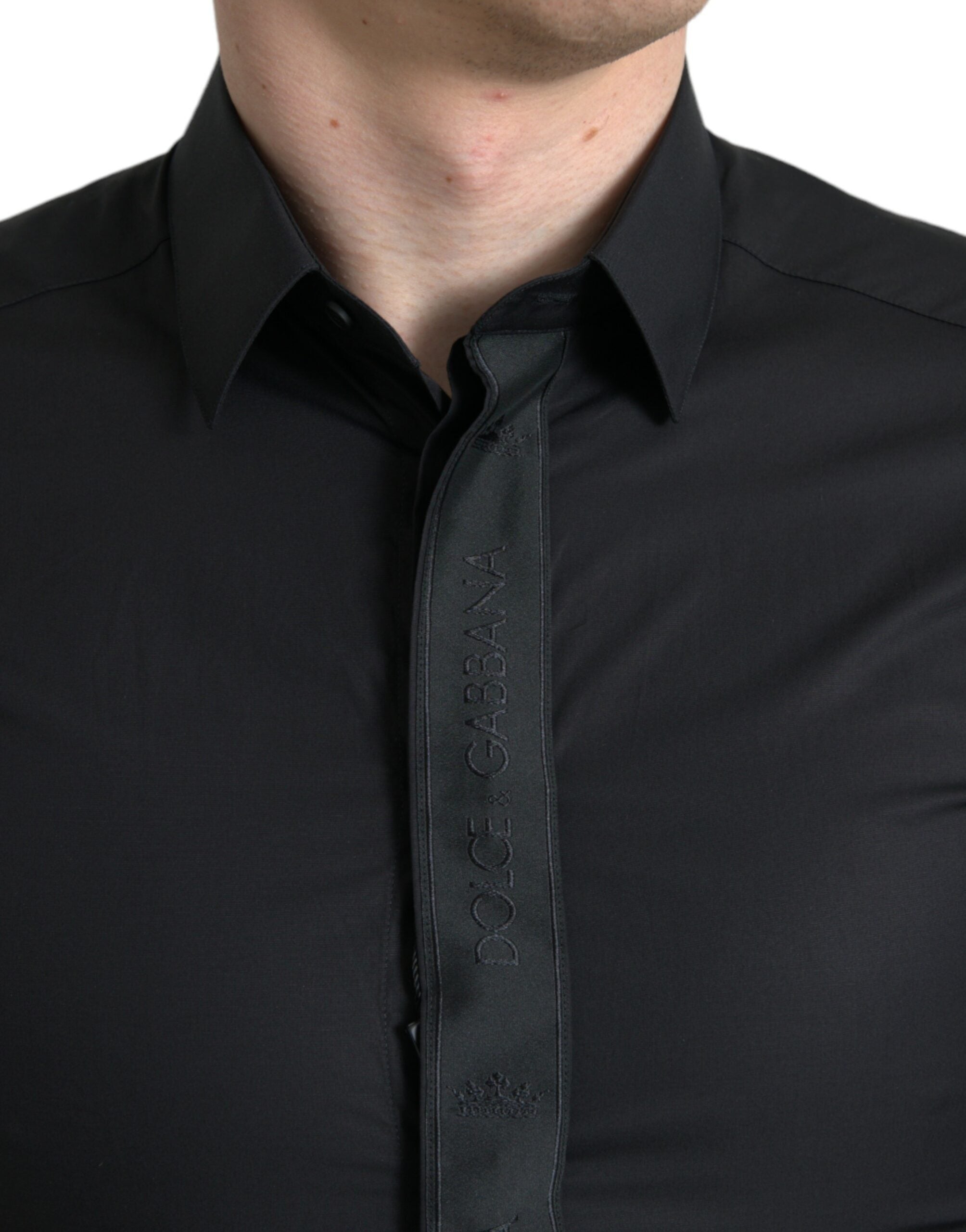 Camisa de vestir formal Dolce &amp; Gabbana de algodón negro con logotipo dorado