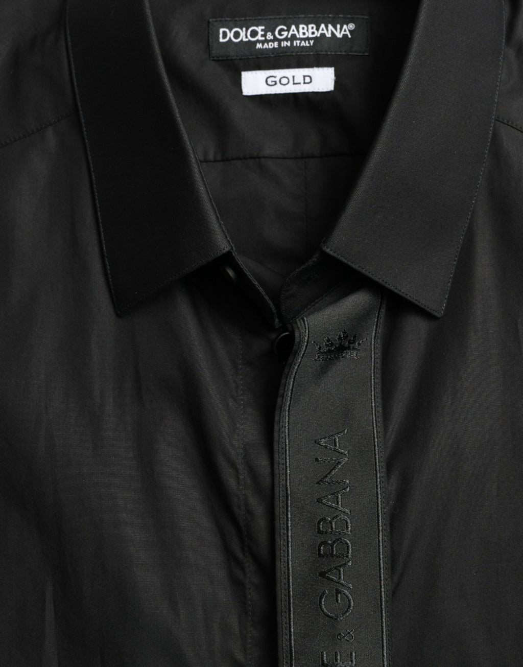Camisa de vestir formal Dolce &amp; Gabbana de algodón negro con logotipo dorado