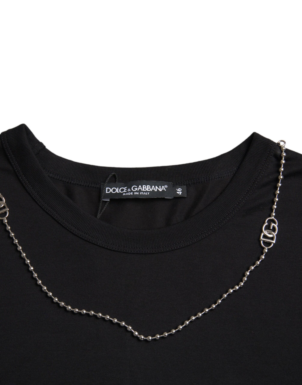 Camiseta de manga corta con cadena plateada de algodón negro de Dolce &amp; Gabbana