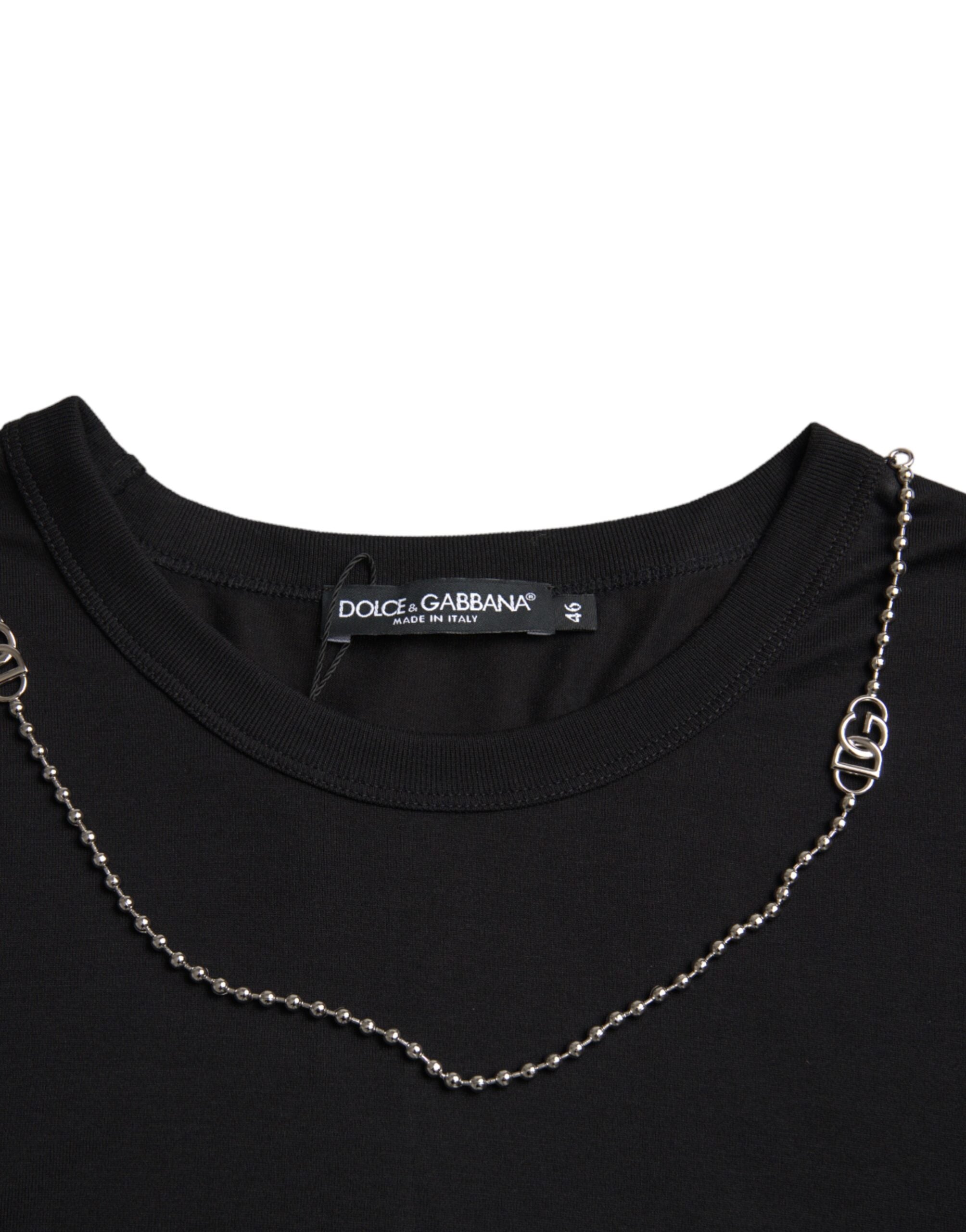 Camiseta de manga corta con cadena plateada de algodón negro de Dolce &amp; Gabbana