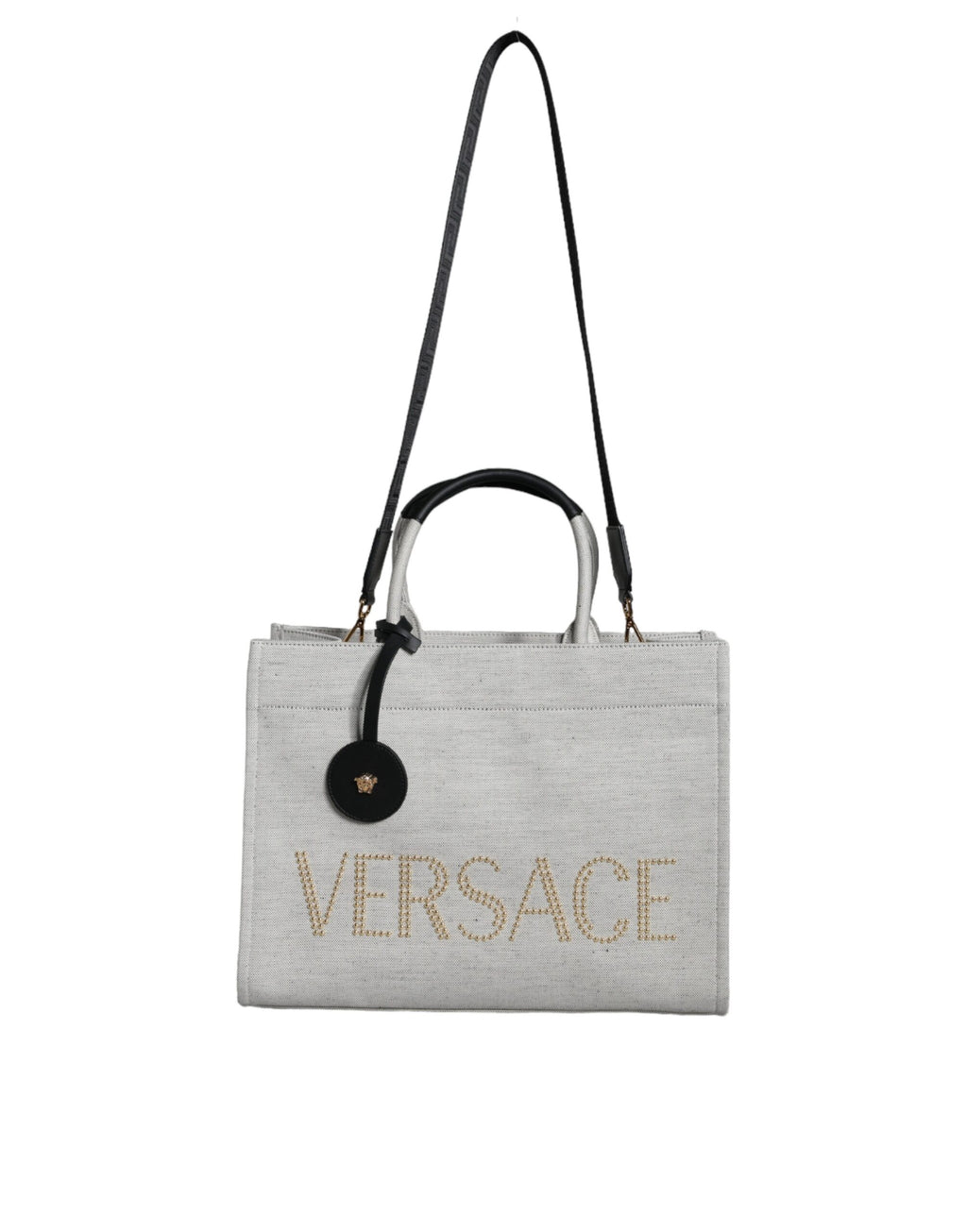 Bolso tote cruzado Versace de lona blanca con asa superior y logotipo de cuero