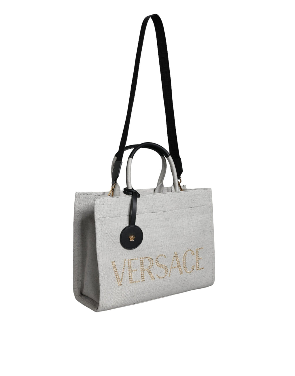 Bolso tote cruzado Versace de lona blanca con asa superior y logotipo de cuero