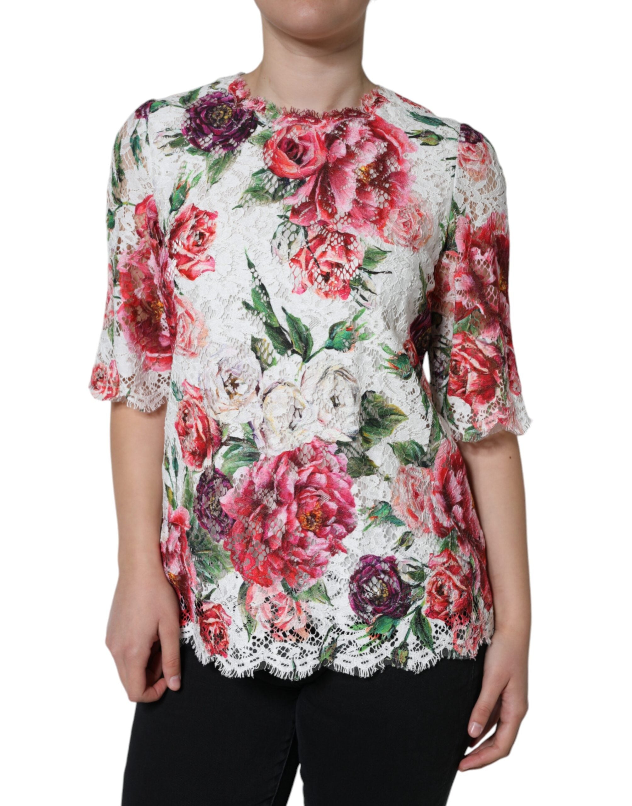 Blusa de manga corta con encaje de peonía blanca de Dolce &amp; Gabbana