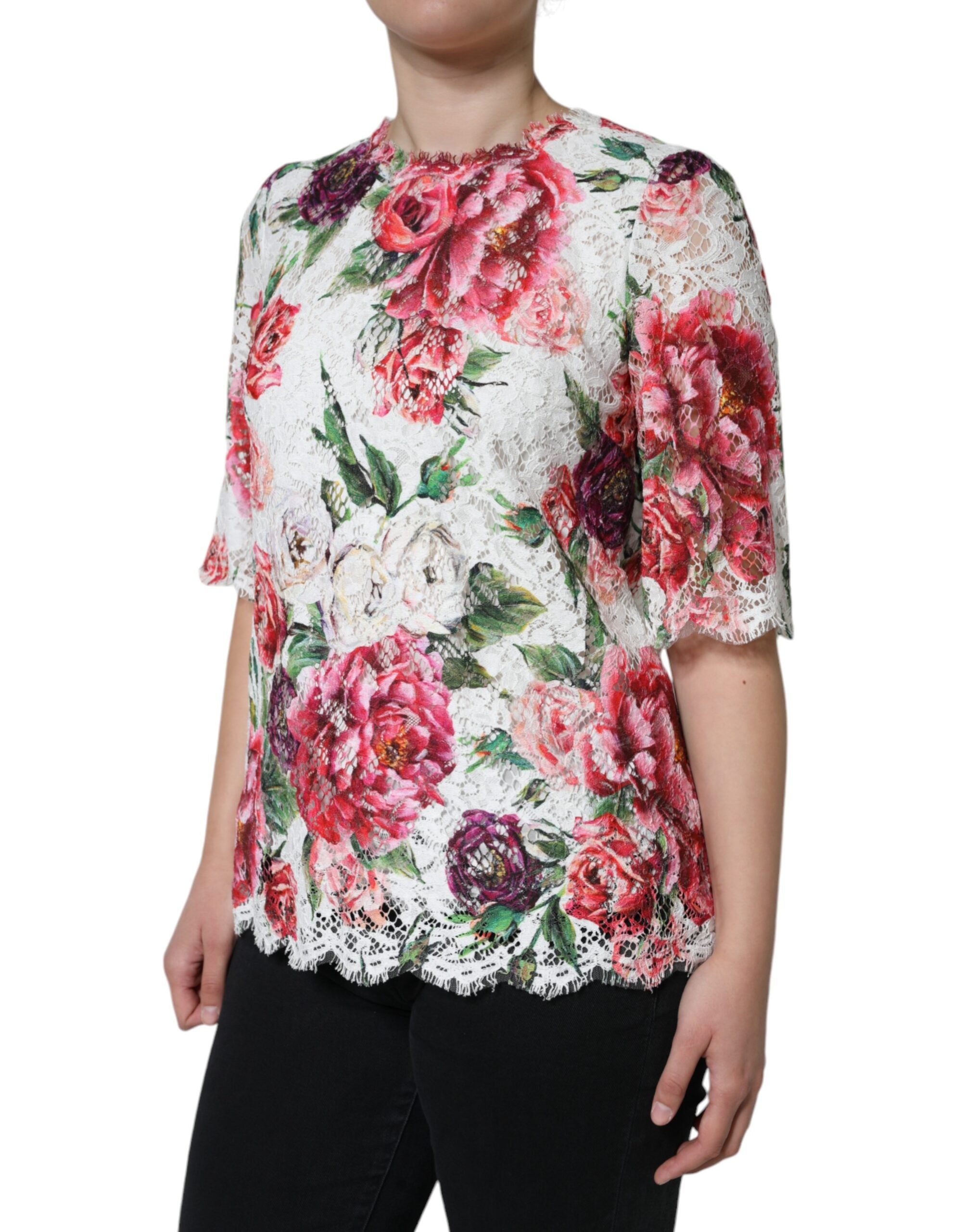 Blusa de manga corta con encaje de peonía blanca de Dolce &amp; Gabbana