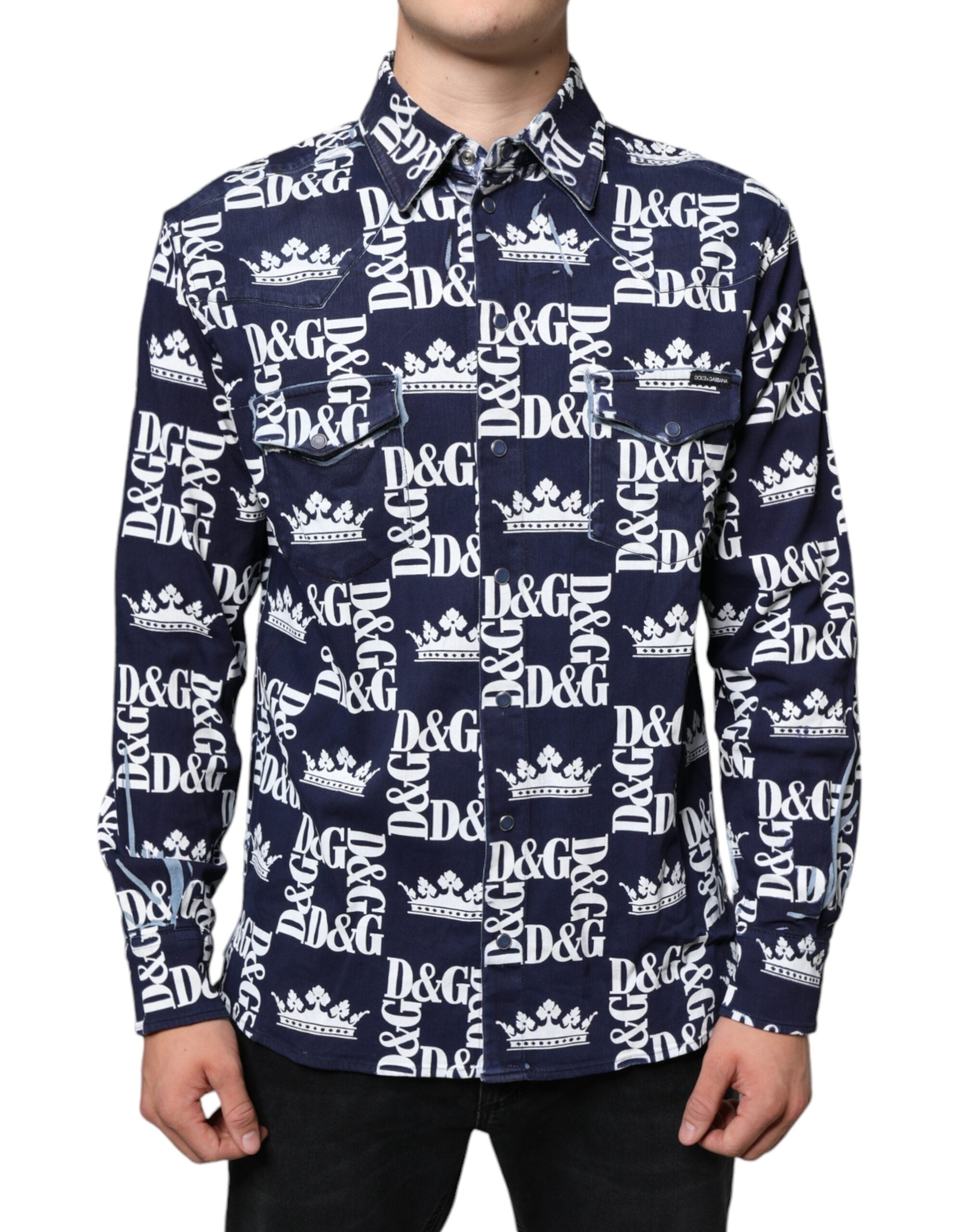 Camisa de algodón de corte entallado con estampado del logotipo de la corona azul de Dolce &amp; Gabbana