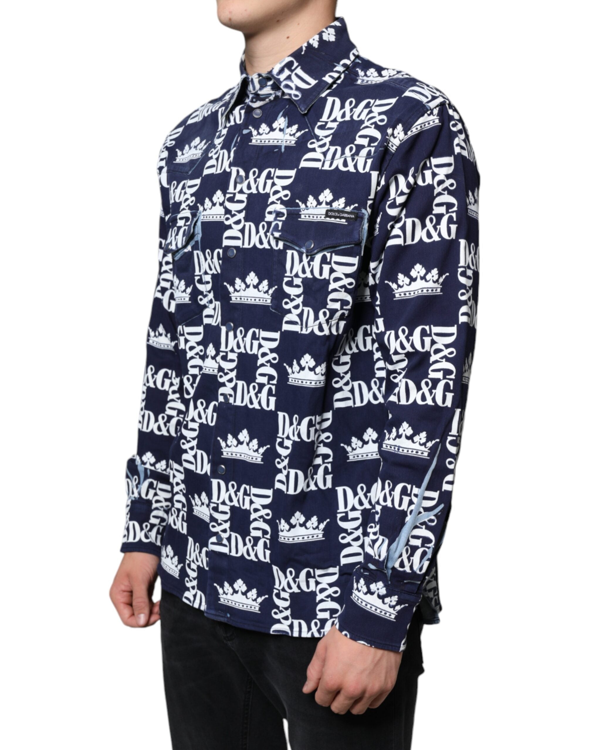 Camisa de algodón de corte entallado con estampado del logotipo de la corona azul de Dolce &amp; Gabbana