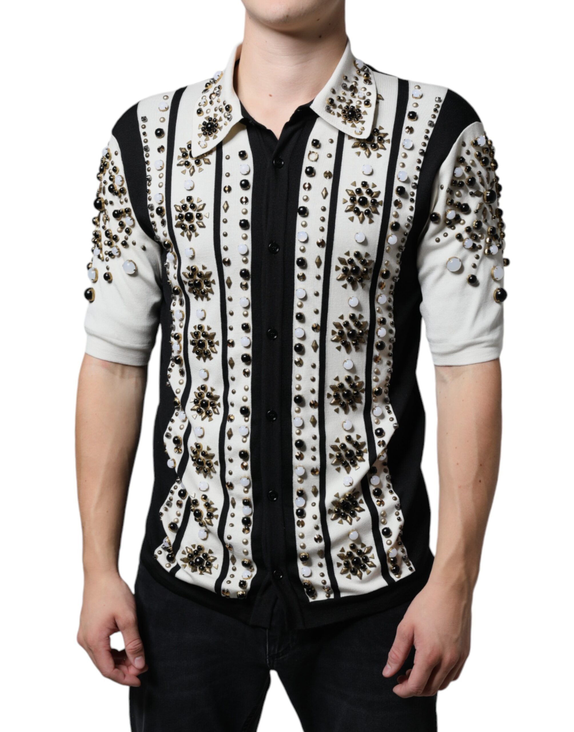 Camisa de seda blanca y negra con cristales de piedra tachonados de Dolce &amp; Gabbana