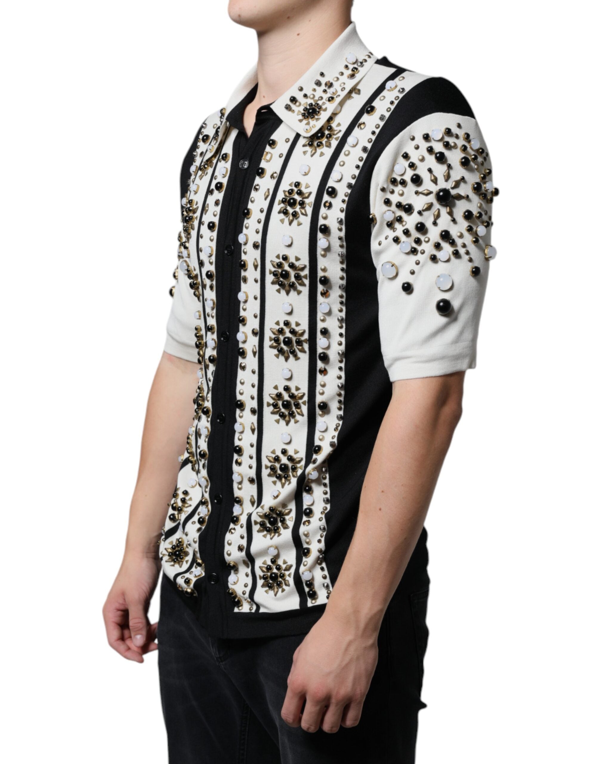 Camisa de seda blanca y negra con cristales de piedra tachonados de Dolce &amp; Gabbana