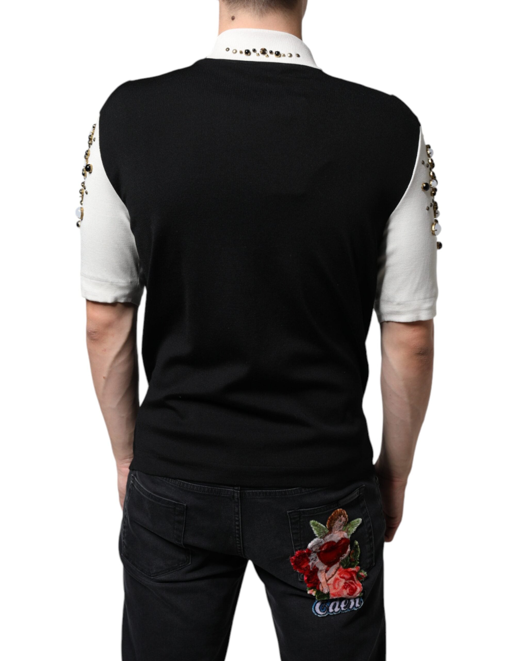 Camisa de seda blanca y negra con cristales de piedra tachonados de Dolce &amp; Gabbana