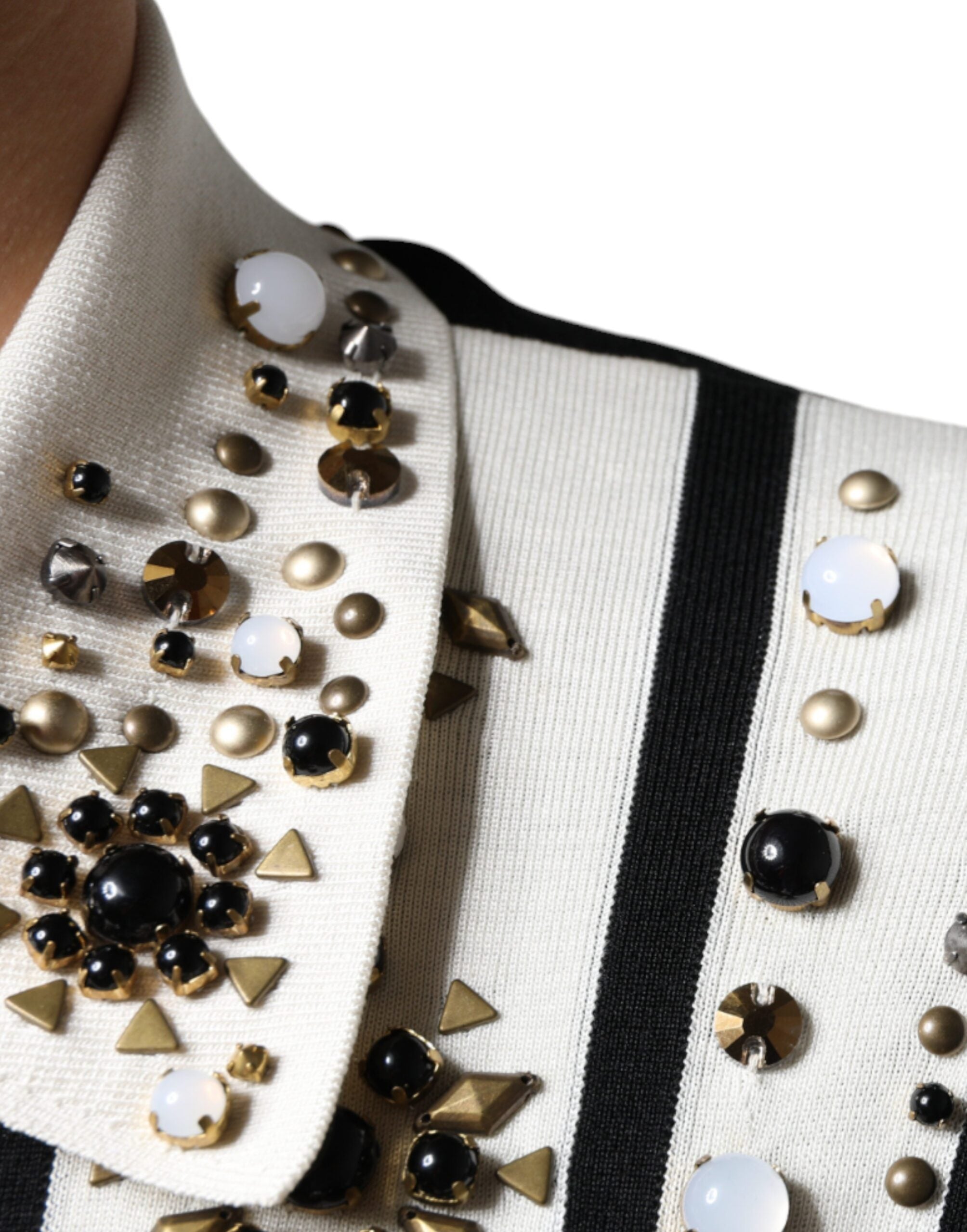 Camisa de seda blanca y negra con cristales de piedra tachonados de Dolce &amp; Gabbana