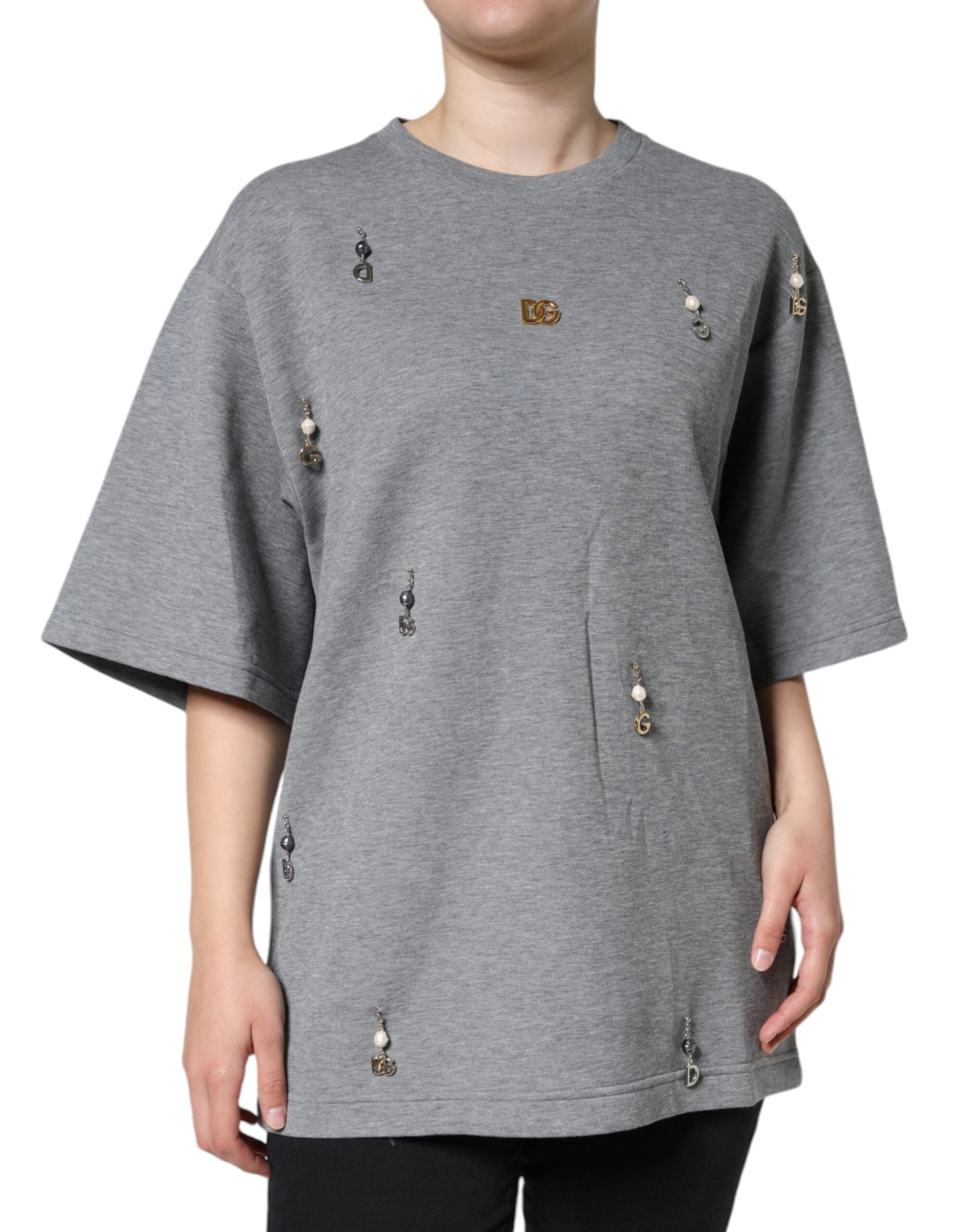 Camiseta adornada de mezcla de algodón gris de Dolce &amp; Gabbana