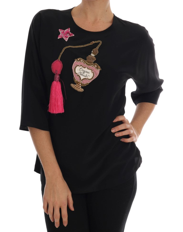 Blusa de seda negra con cristales y diseño de cuento de hadas de Dolce &amp; Gabbana