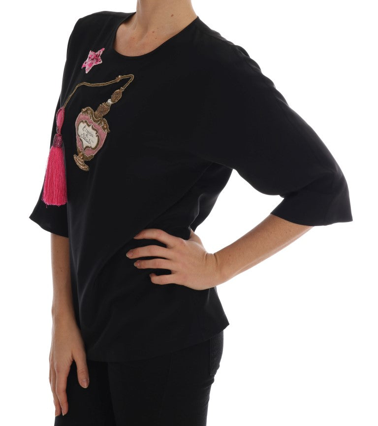 Blusa de seda negra con cristales y diseño de cuento de hadas de Dolce &amp; Gabbana