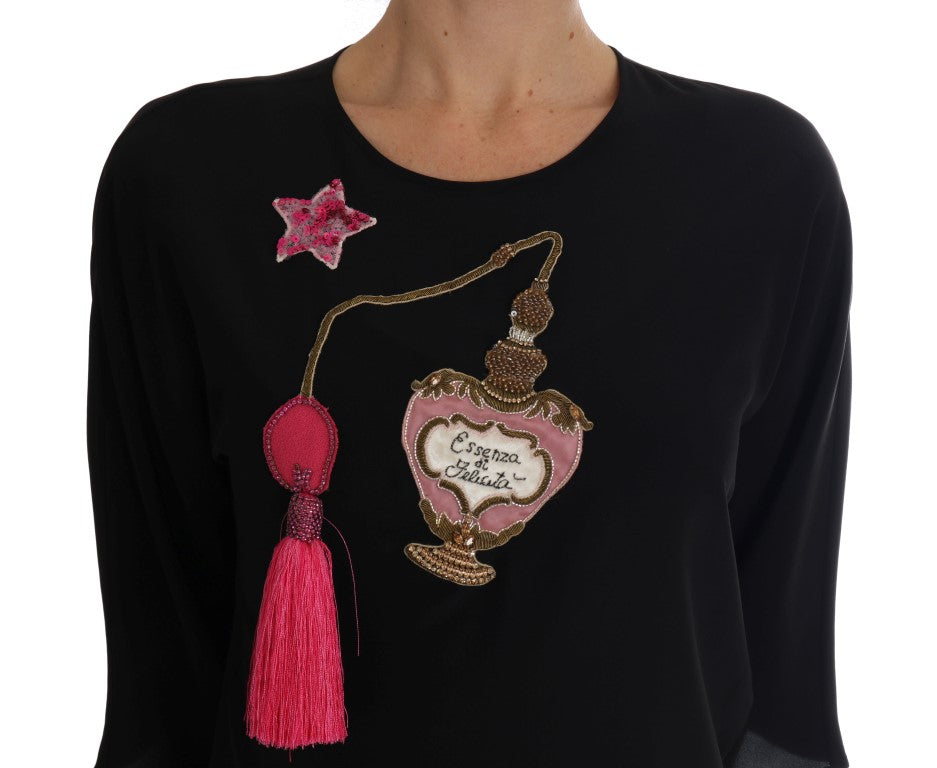 Blusa de seda negra con cristales y diseño de cuento de hadas de Dolce &amp; Gabbana