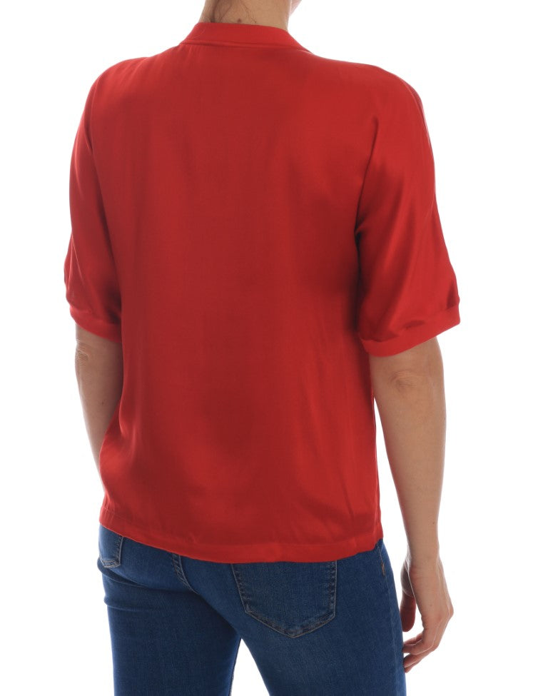 Blusa Dolce &amp; Gabbana de seda roja con flores naranjas y cristales