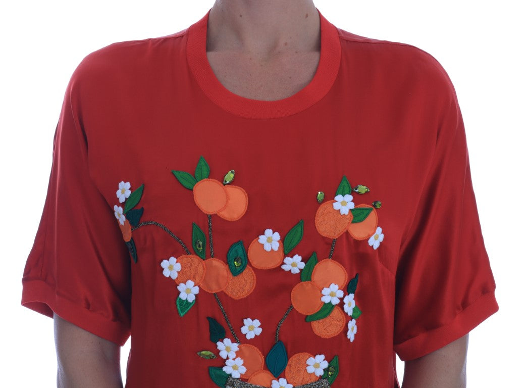 Blusa Dolce &amp; Gabbana de seda roja con flores naranjas y cristales