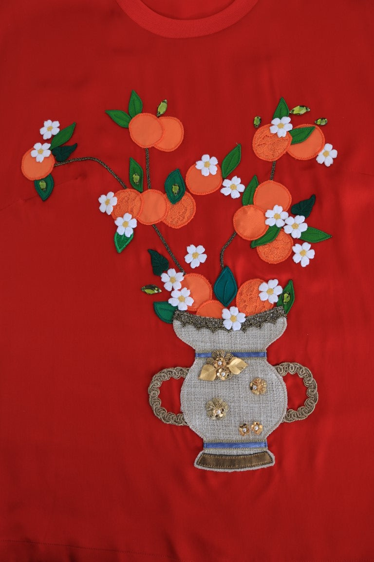 Blusa Dolce &amp; Gabbana de seda roja con flores naranjas y cristales