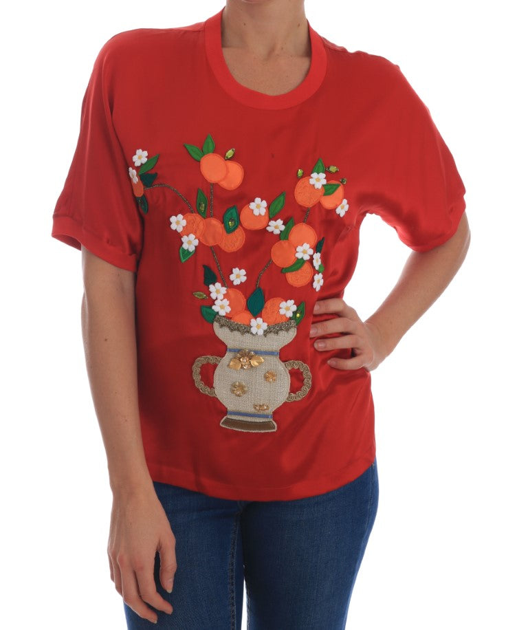 Blusa Dolce &amp; Gabbana de seda roja con flores naranjas y cristales