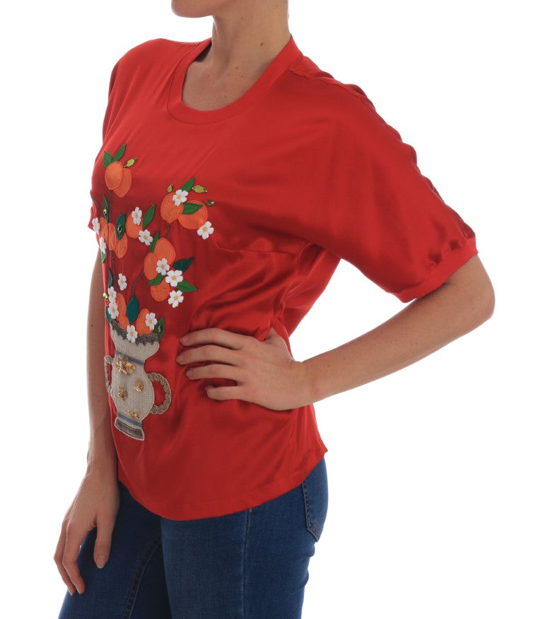 Blusa Dolce &amp; Gabbana de seda roja con flores naranjas y cristales