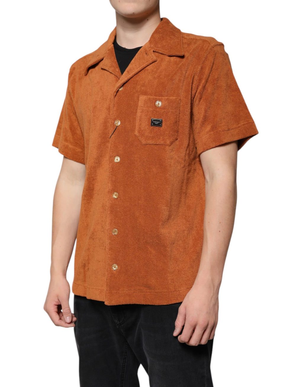 Camisa con cuello abotonado de terciopelo de algodón color avellana de Dolce &amp; Gabbana