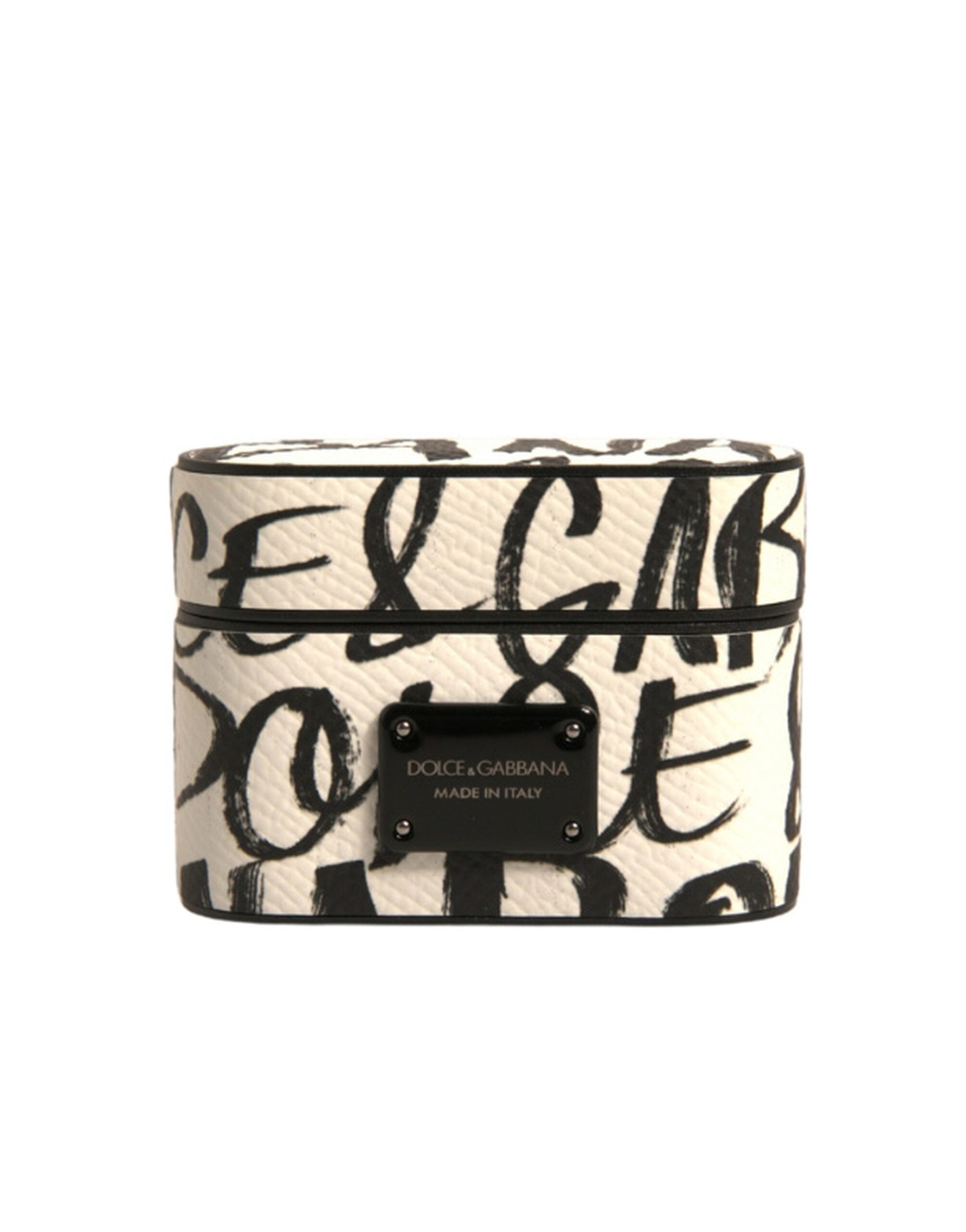 Estuche para AirPods de Dolce &amp; Gabbana de cuero blanco y negro con logotipo grabado en relieve