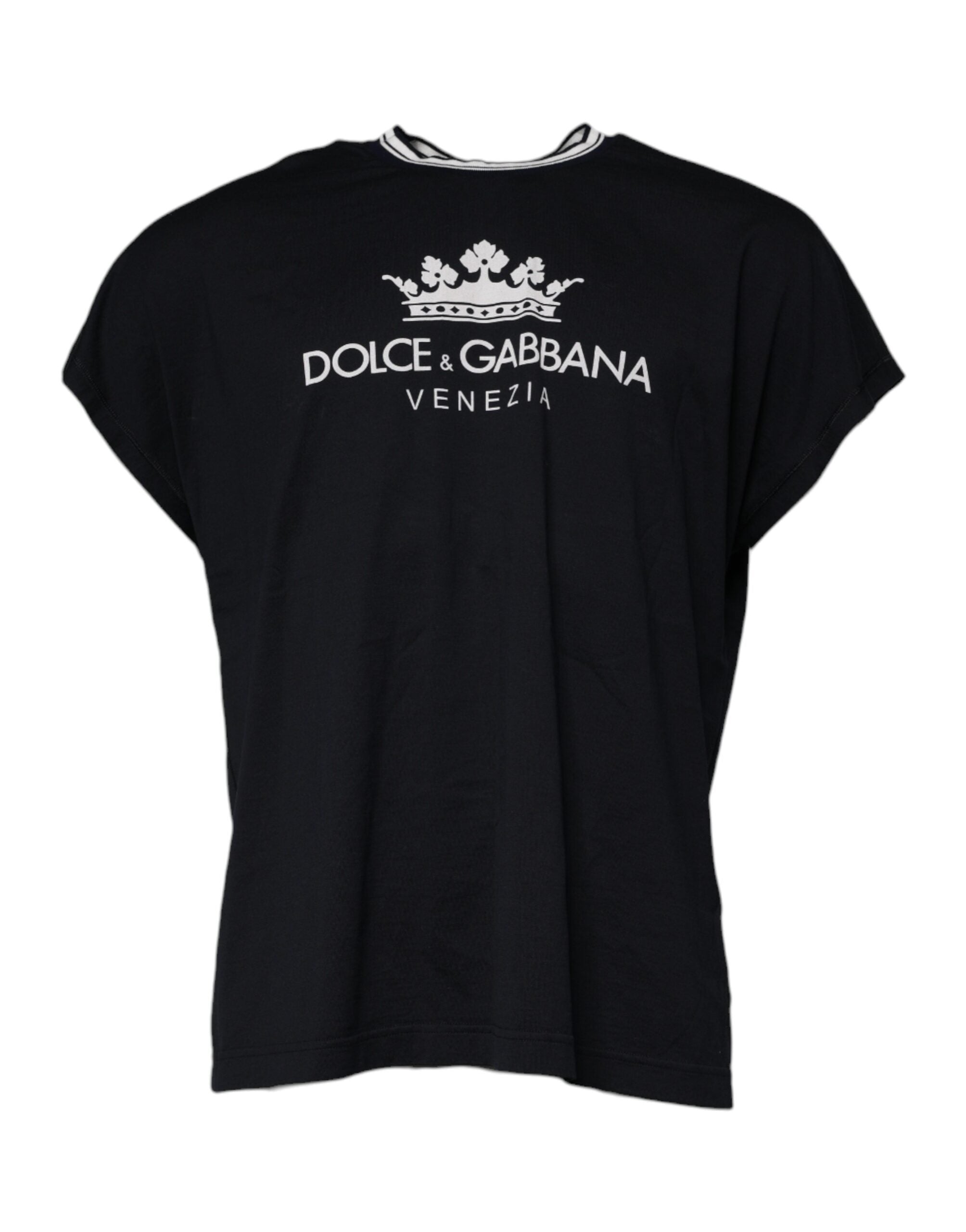 Camiseta de algodón con cuello redondo y corona con logotipo azul oscuro de Dolce &amp; Gabbana