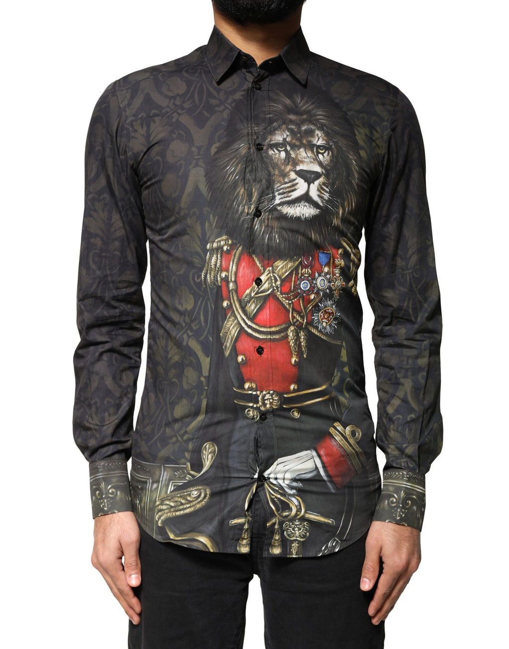 Camisa de vestir Dolce &amp; Gabbana con retrato de mascota real negra dorada