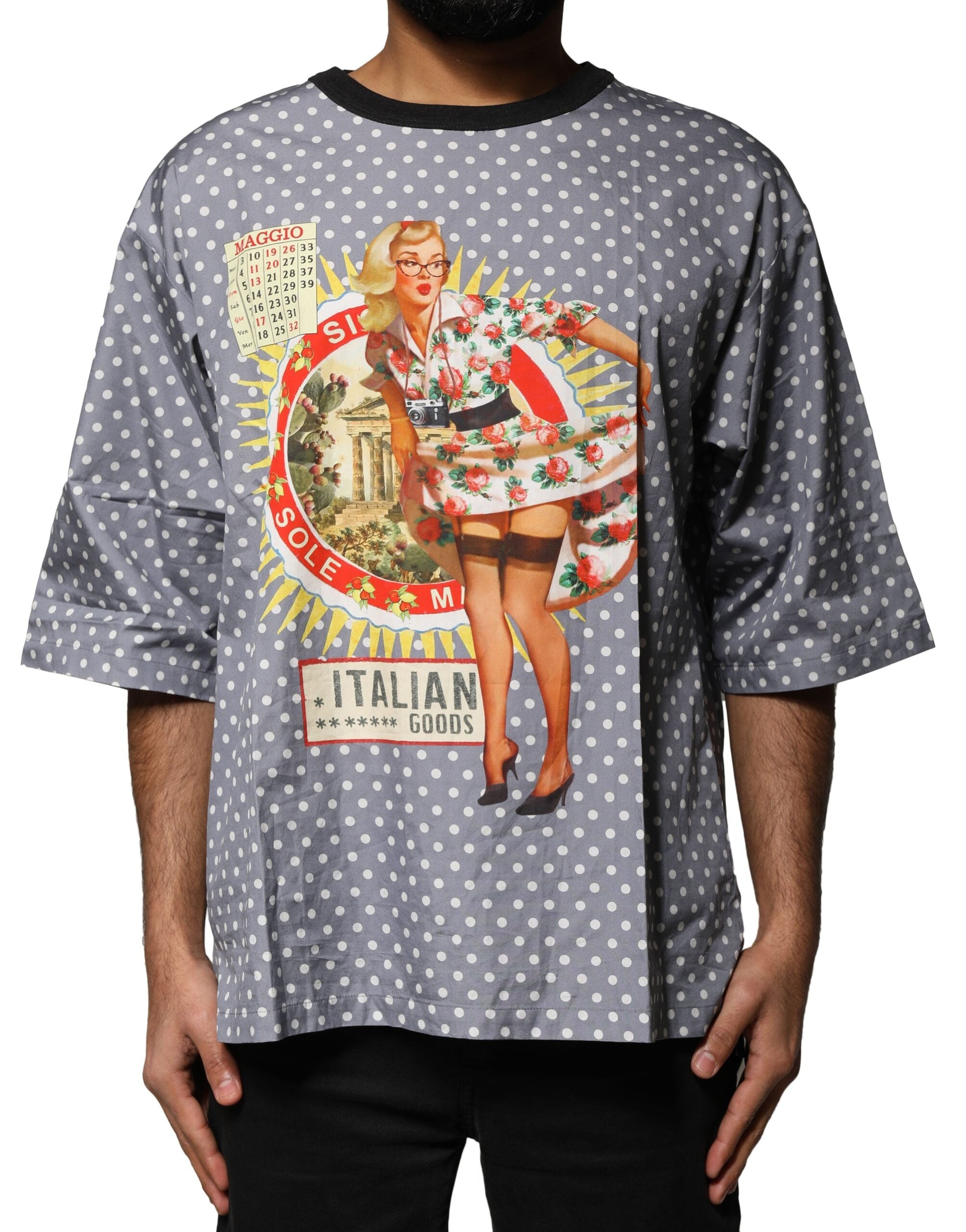 Camiseta de cuello redondo con estampado pin-up de lunares grises de Dolce &amp; Gabbana