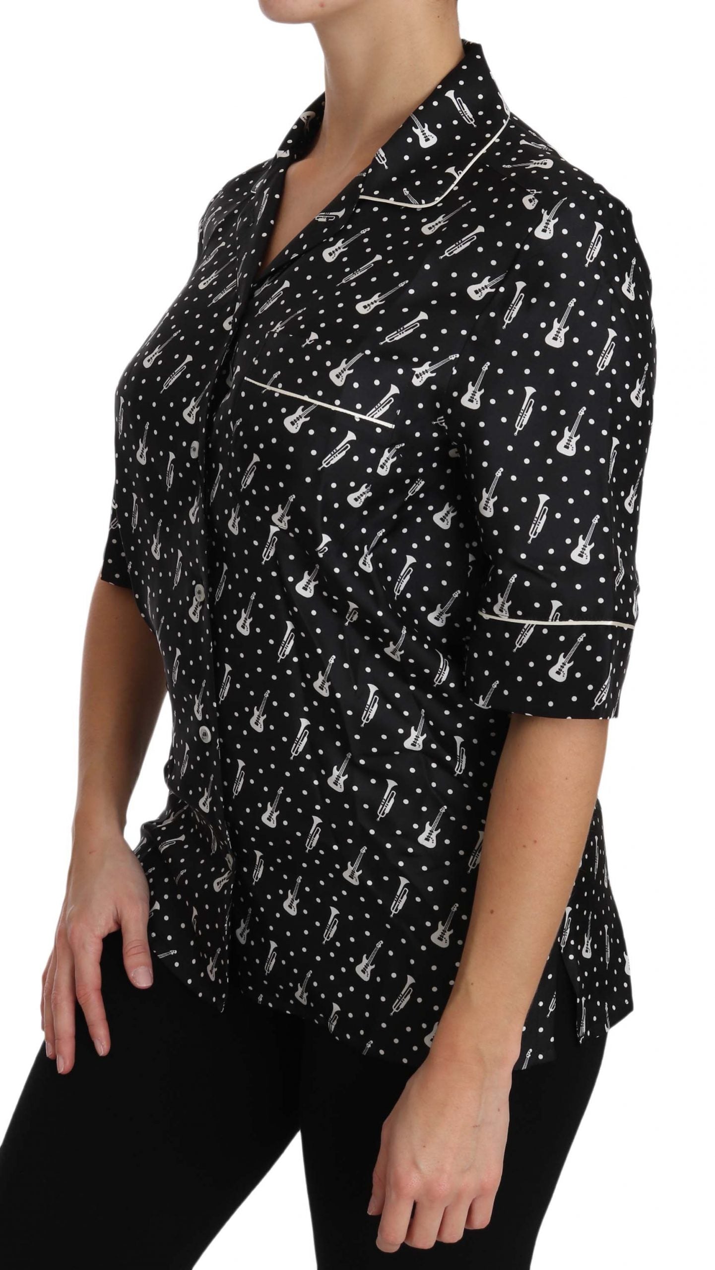 Camisa de seda con estampado de trompeta y guitarra negra de Dolce &amp; Gabbana