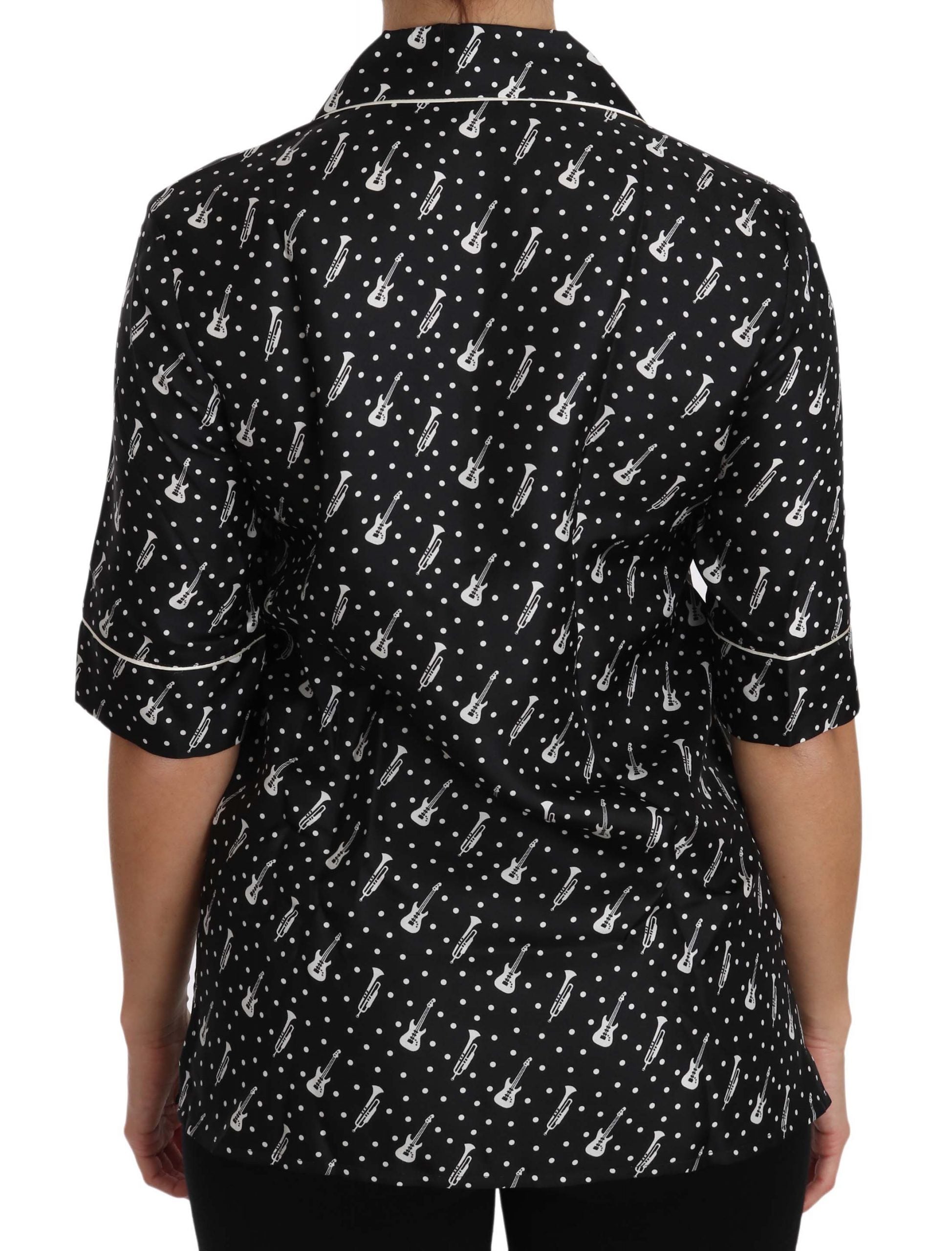 Camisa de seda con estampado de trompeta y guitarra negra de Dolce &amp; Gabbana