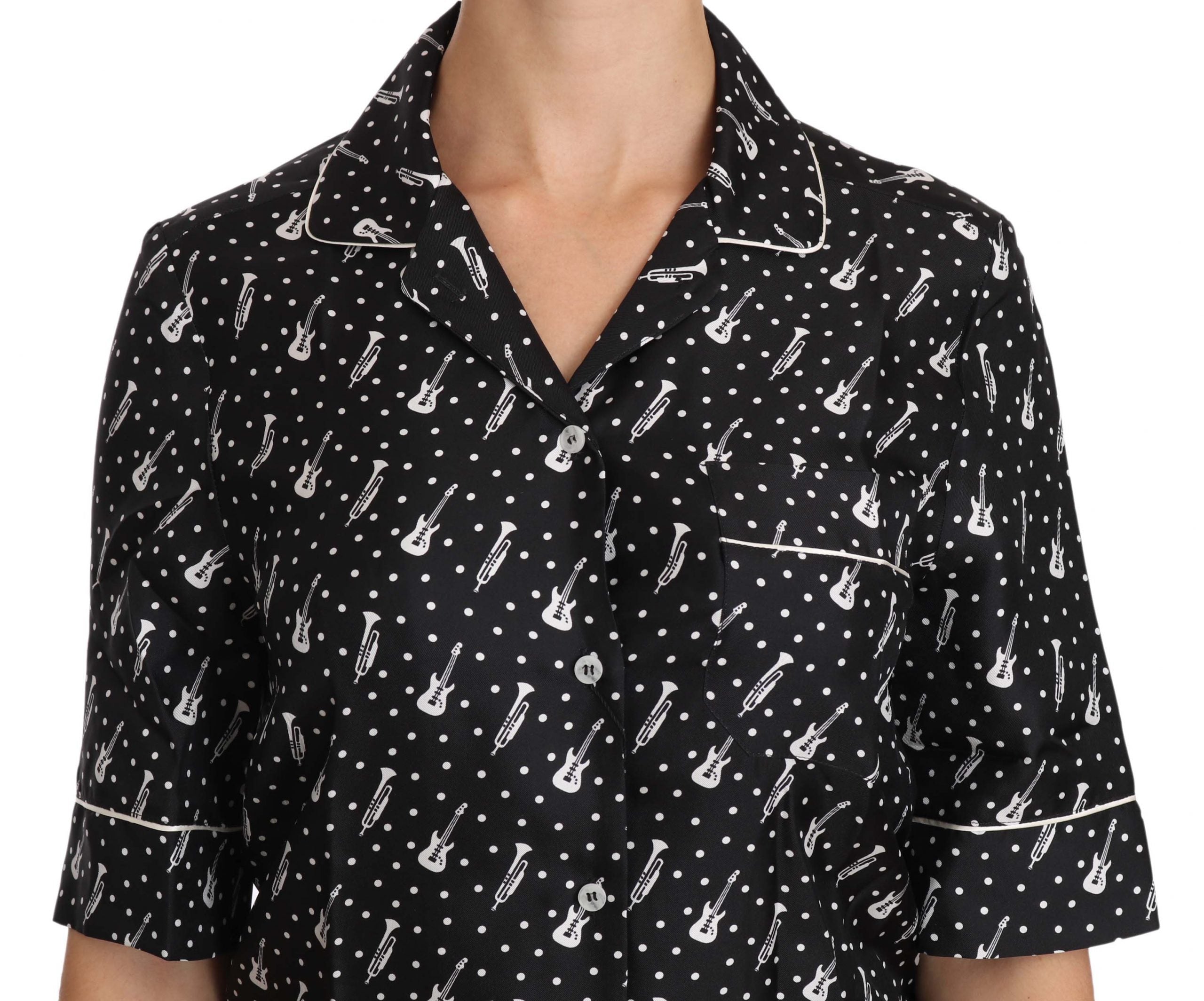 Camisa de seda con estampado de trompeta y guitarra negra de Dolce &amp; Gabbana