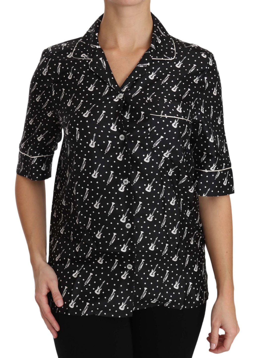 Camisa de seda con estampado de trompeta y guitarra negra de Dolce &amp; Gabbana