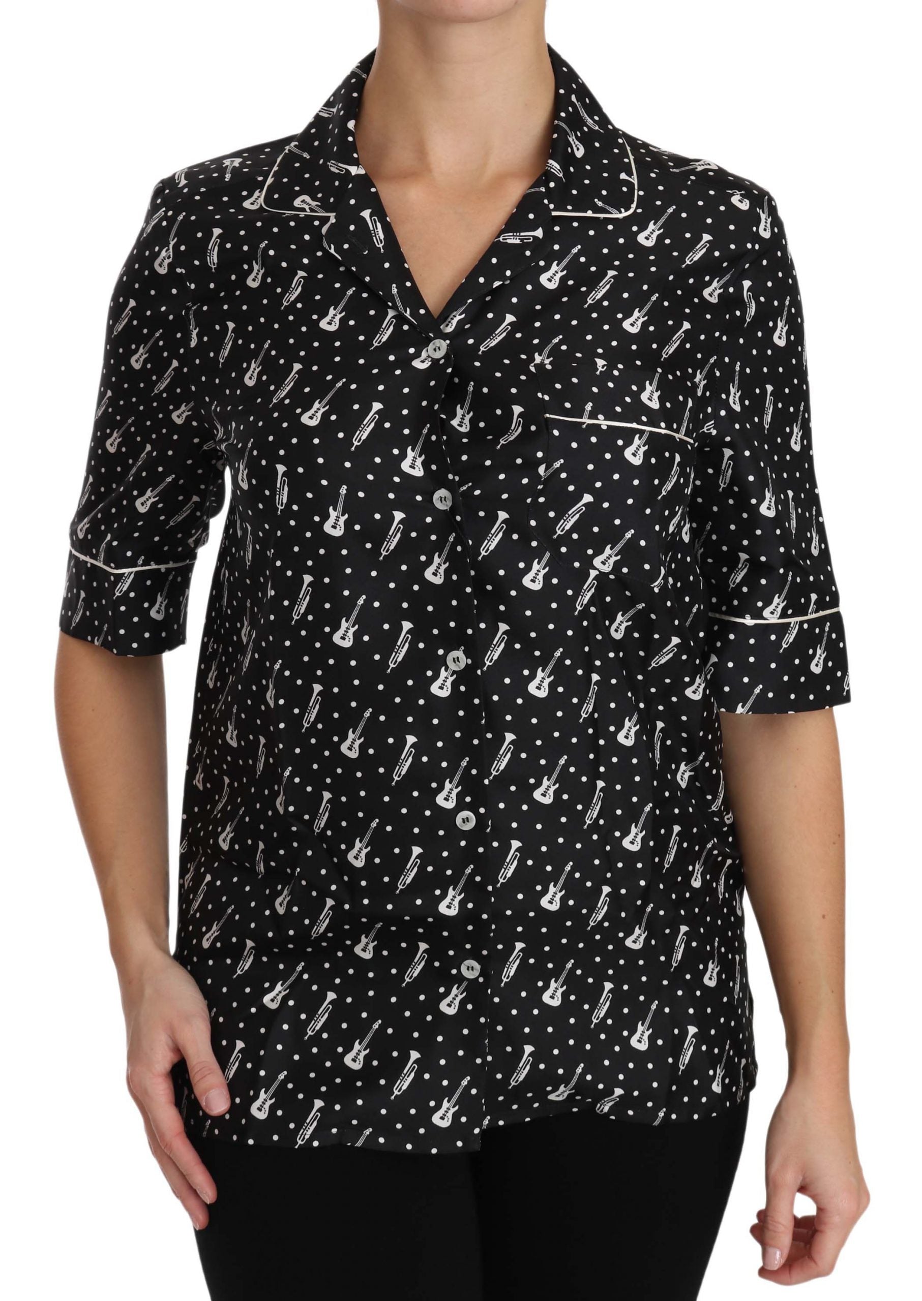 Camisa de seda con estampado de trompeta y guitarra negra de Dolce &amp; Gabbana