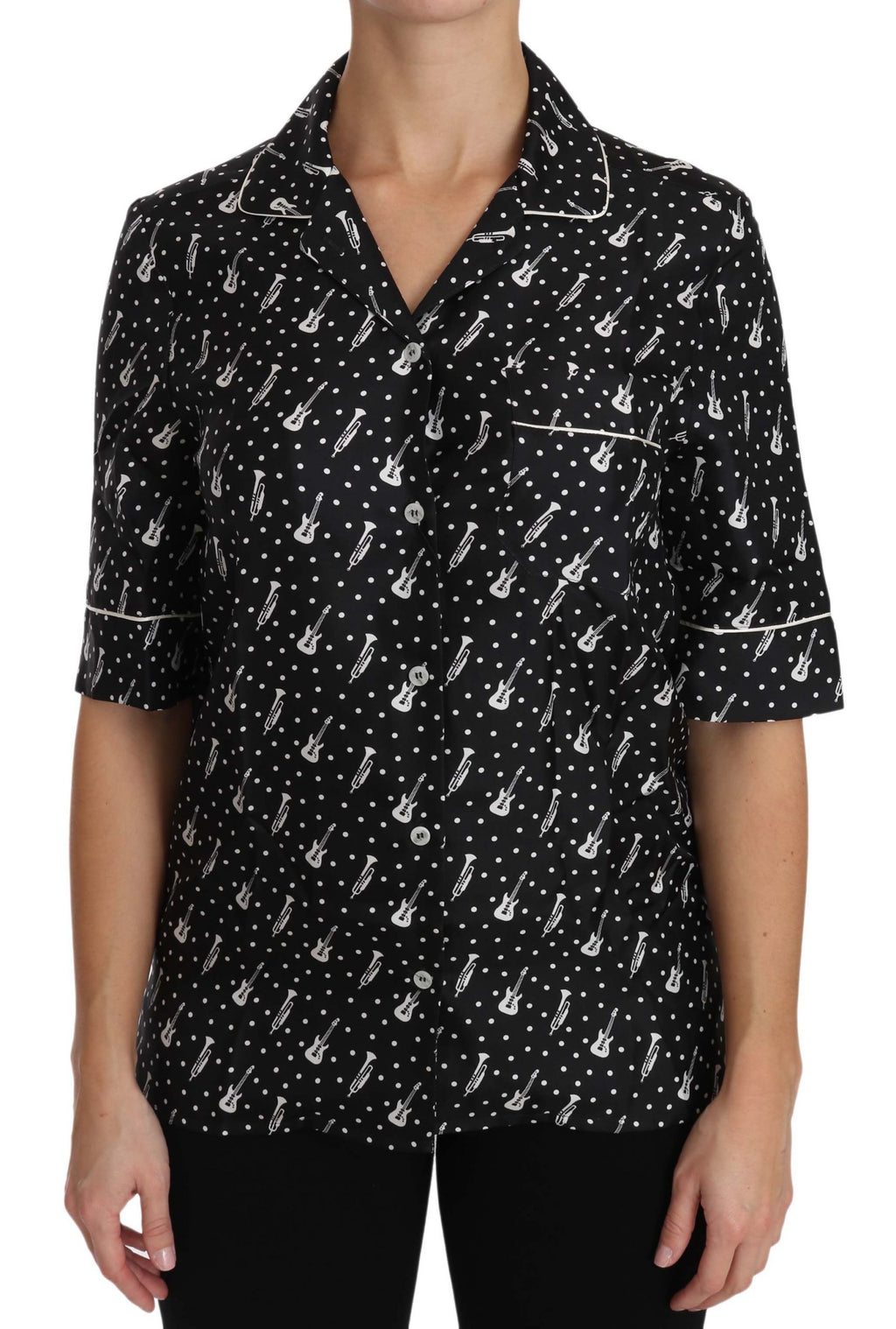 Camisa de seda con estampado de trompeta y guitarra negra de Dolce &amp; Gabbana
